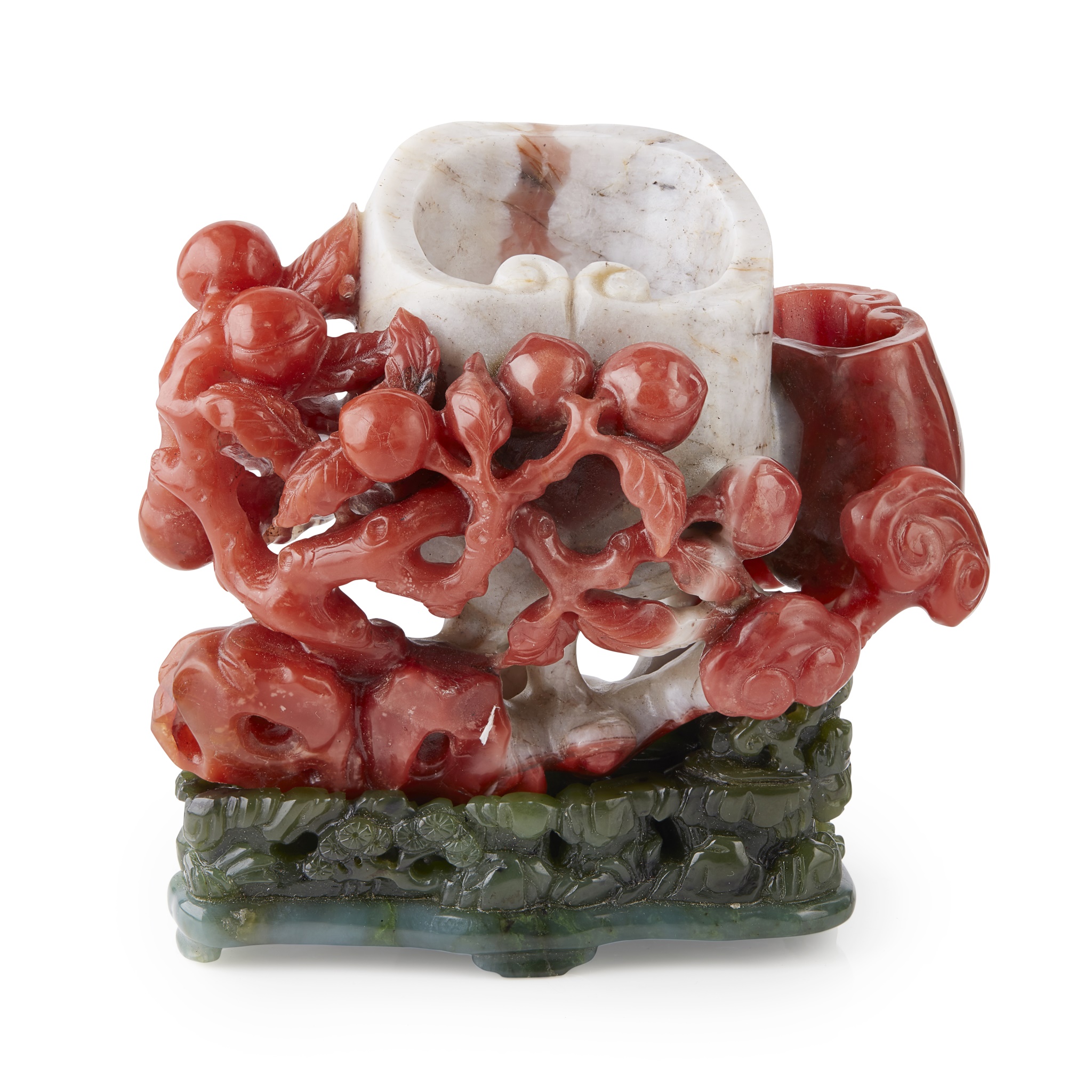 AGATE 'LINGZHI' BRUSH WASHER WITH JADE BASE