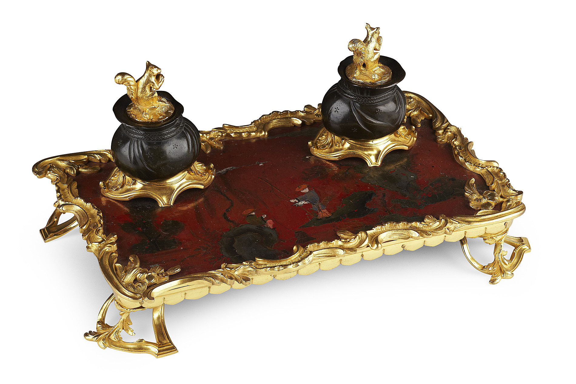 LOUIS XV STYLE LACQUER AND GILT BRONZE MOUNTED INKSTAND