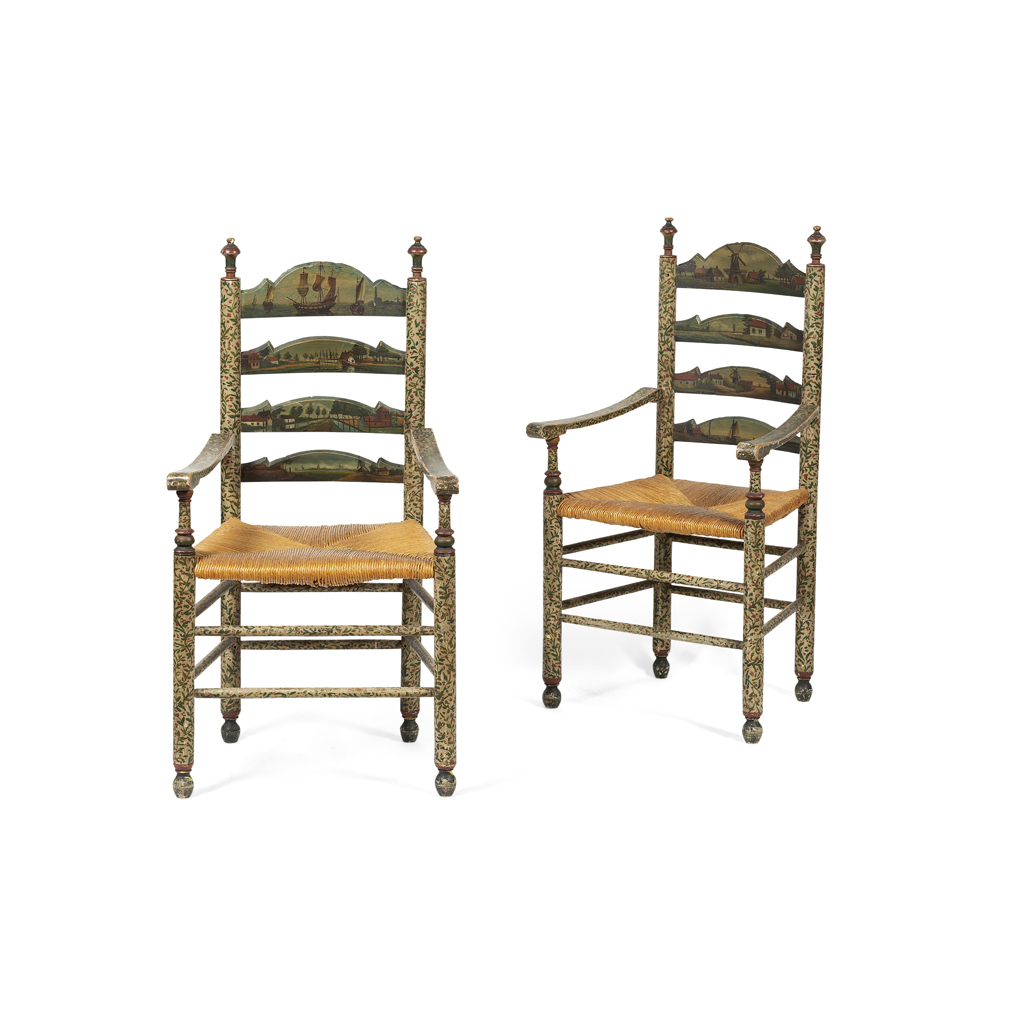 PAIR OF DUTCH PAINTED LADDERBACK ARMCHAIRS