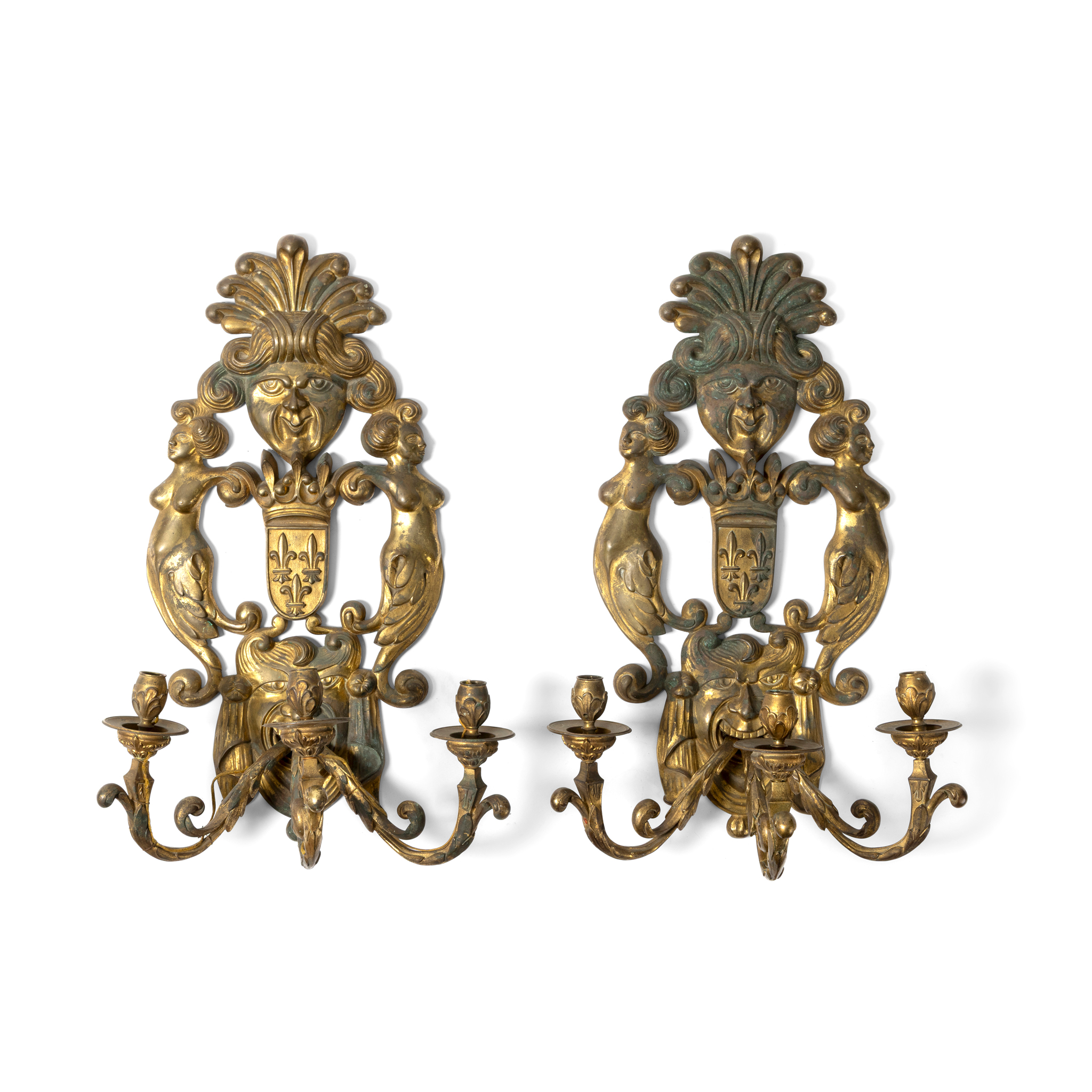 A PAIR OF FRENCH BRASS THREE BRANCH WALL LIGHTS