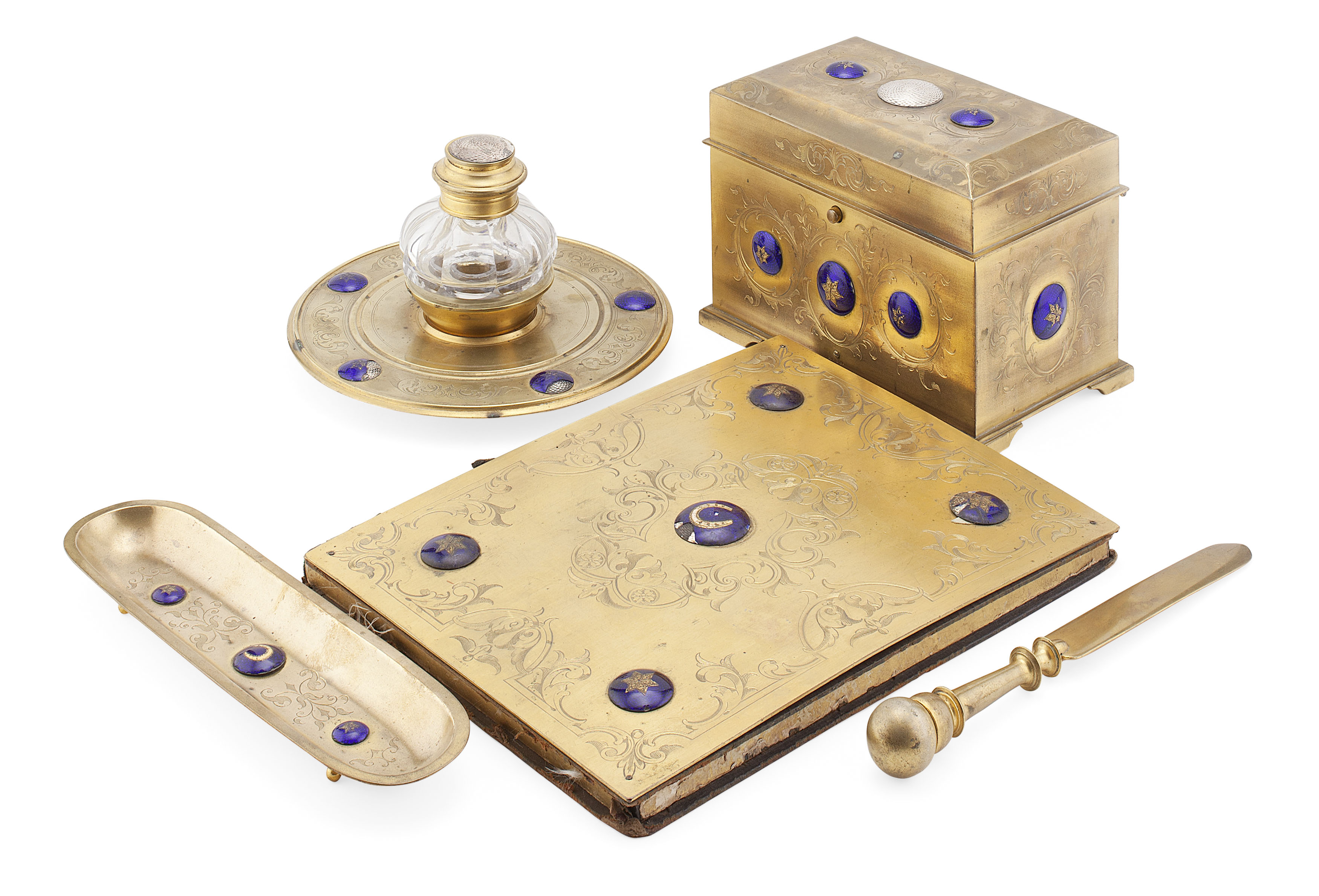 VICTORIAN GILT BRASS AND ENAMEL DESK SET, BY HOWELL, JAMES & CO, LONDON