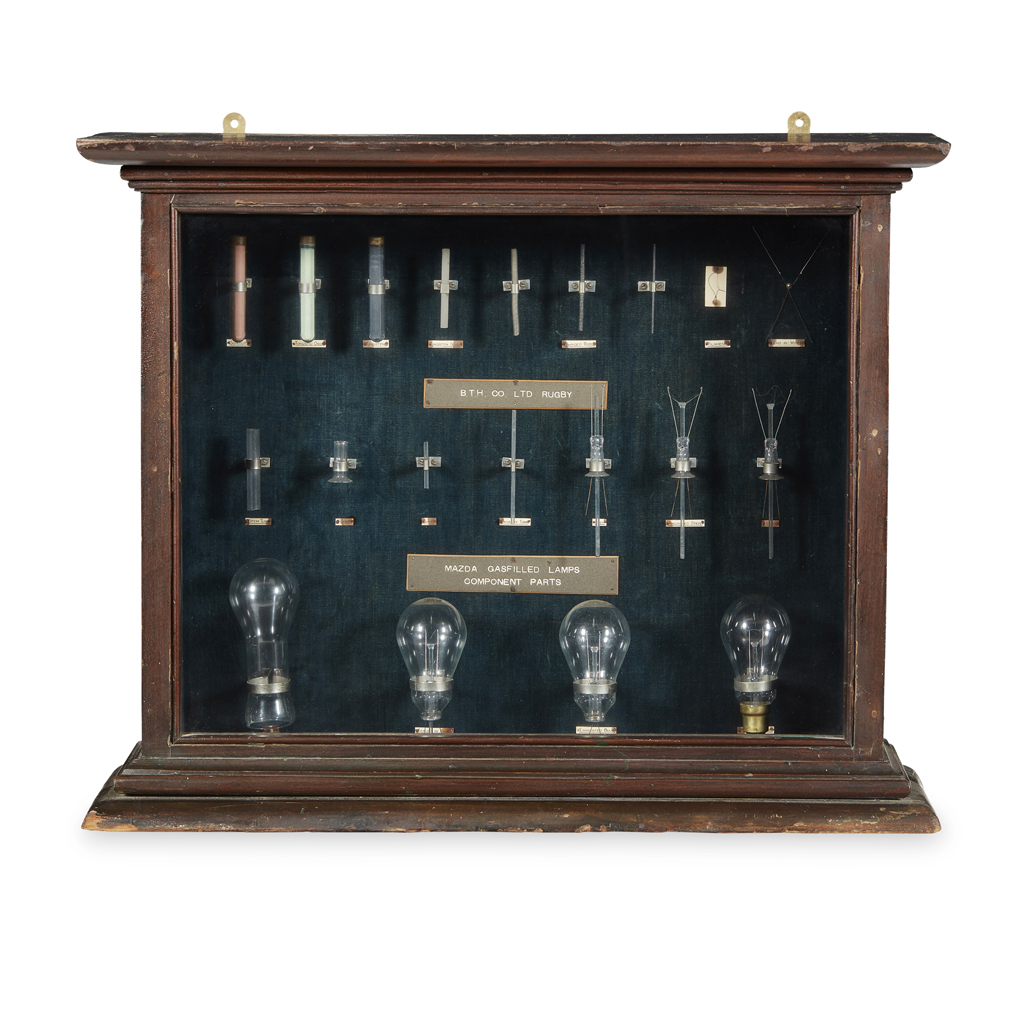 CASED ADVERTISING DISPLAY OF BRITISH THOMSON-HOUSTON LIGHTBULBS, FILAMENTS AND COMPONENTS