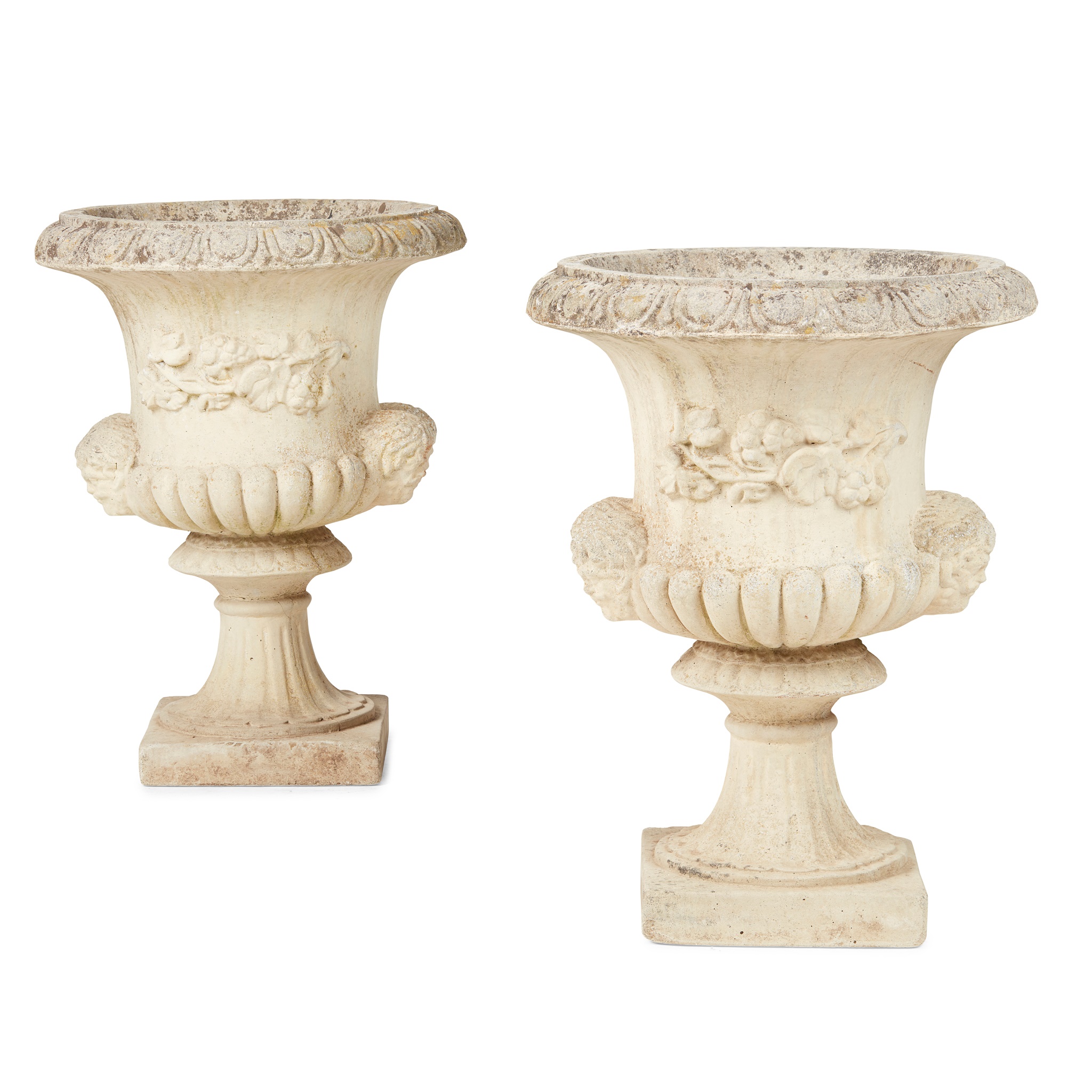 PAIR OF SANDFORD STONE GARDEN URNS