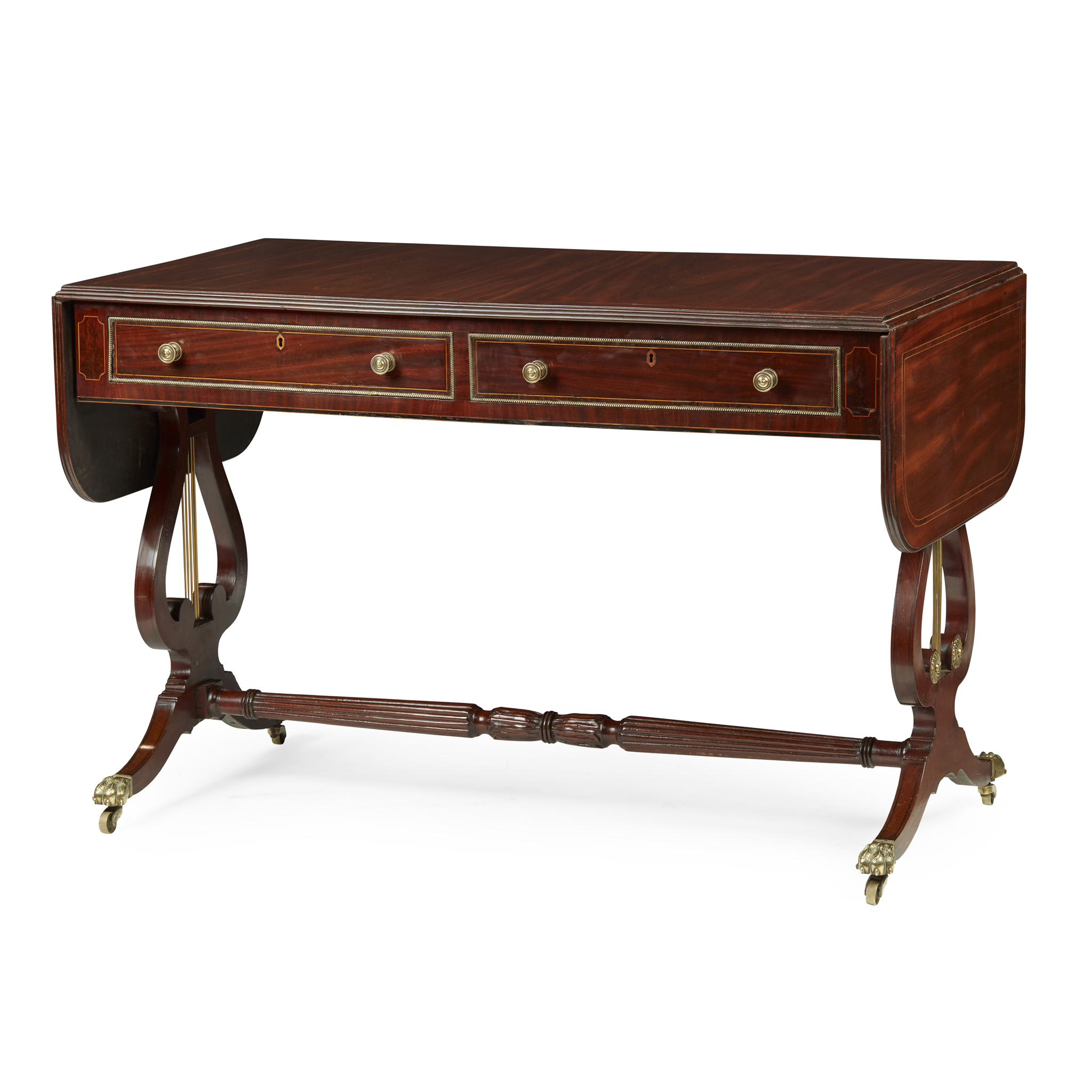 REGENCY MAHOGANY, GONCALO ALVES, AND BRASS MOUNTED SOFA TABLE