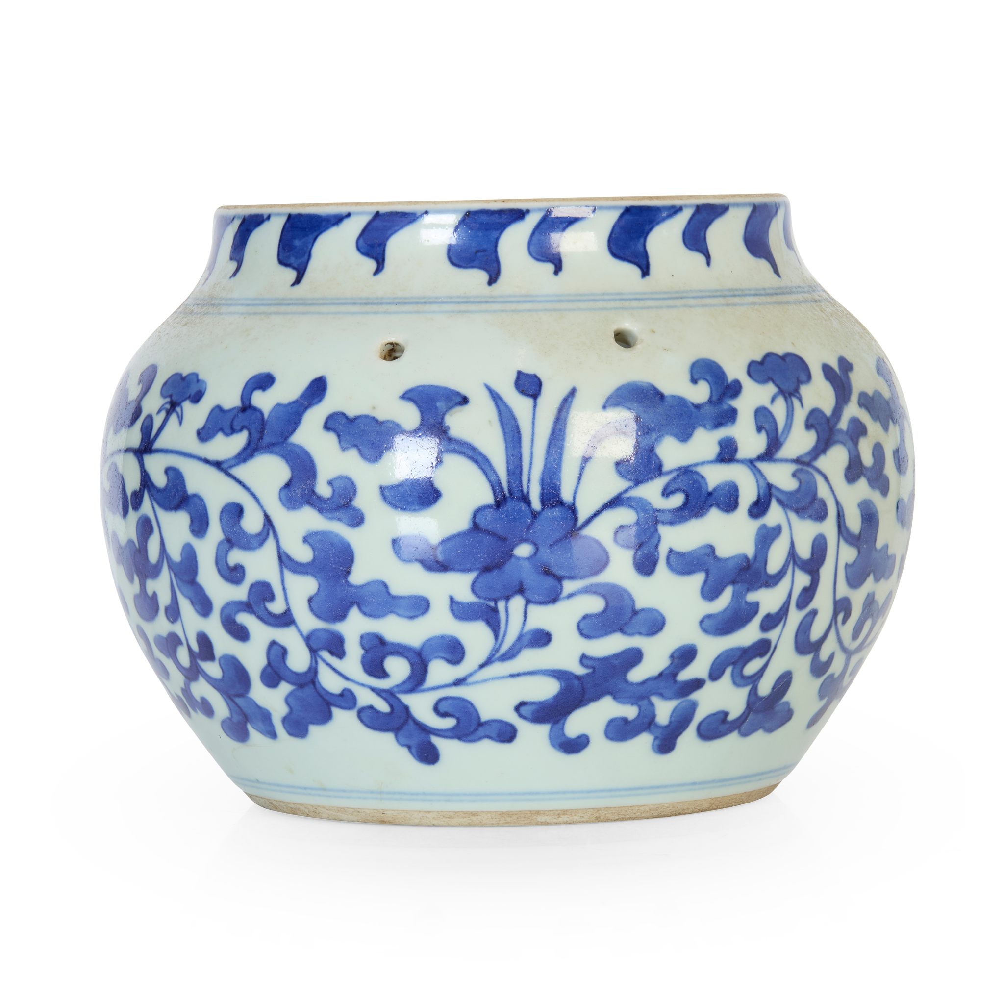 CHINESE BLUE AND WHITE 'LOTUS SCROLL' PORRIDGE JAR