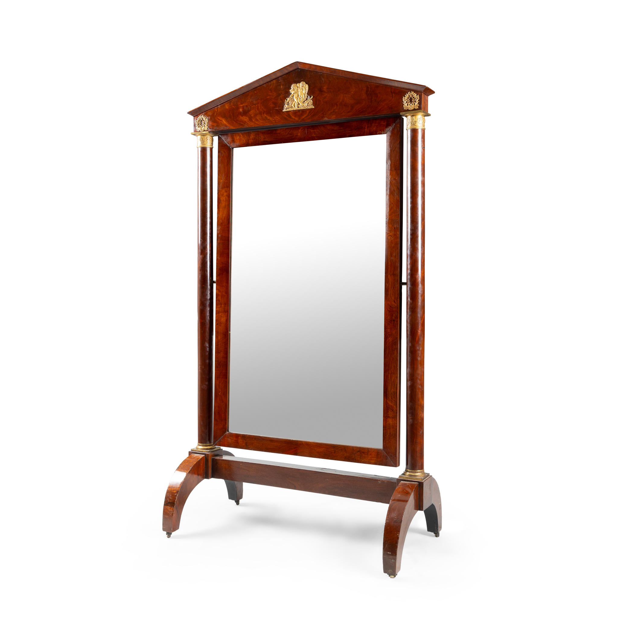 A LARGE EMPIRE MAHOGANY AND GILT BRONZE MOUNTED CHEVAL MIRROR