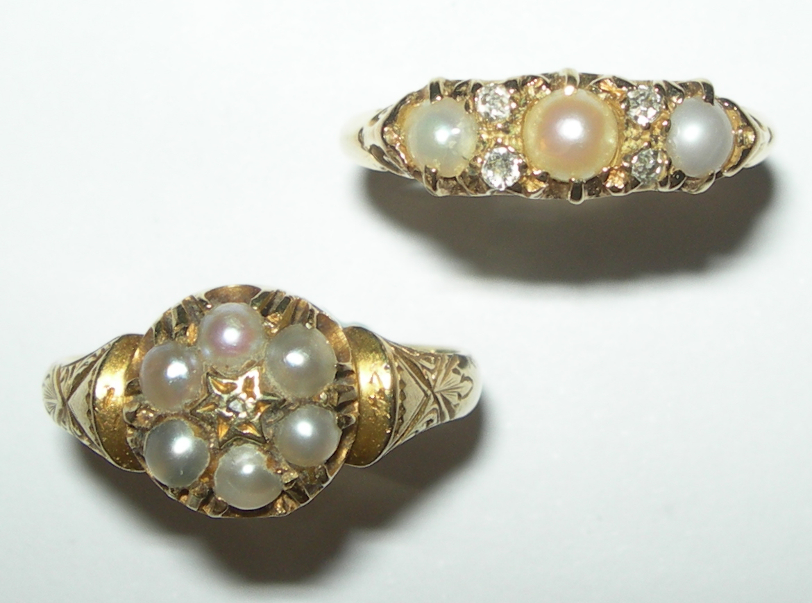 An Edwardian 18ct gold mounted half-pearl and diamond set ring