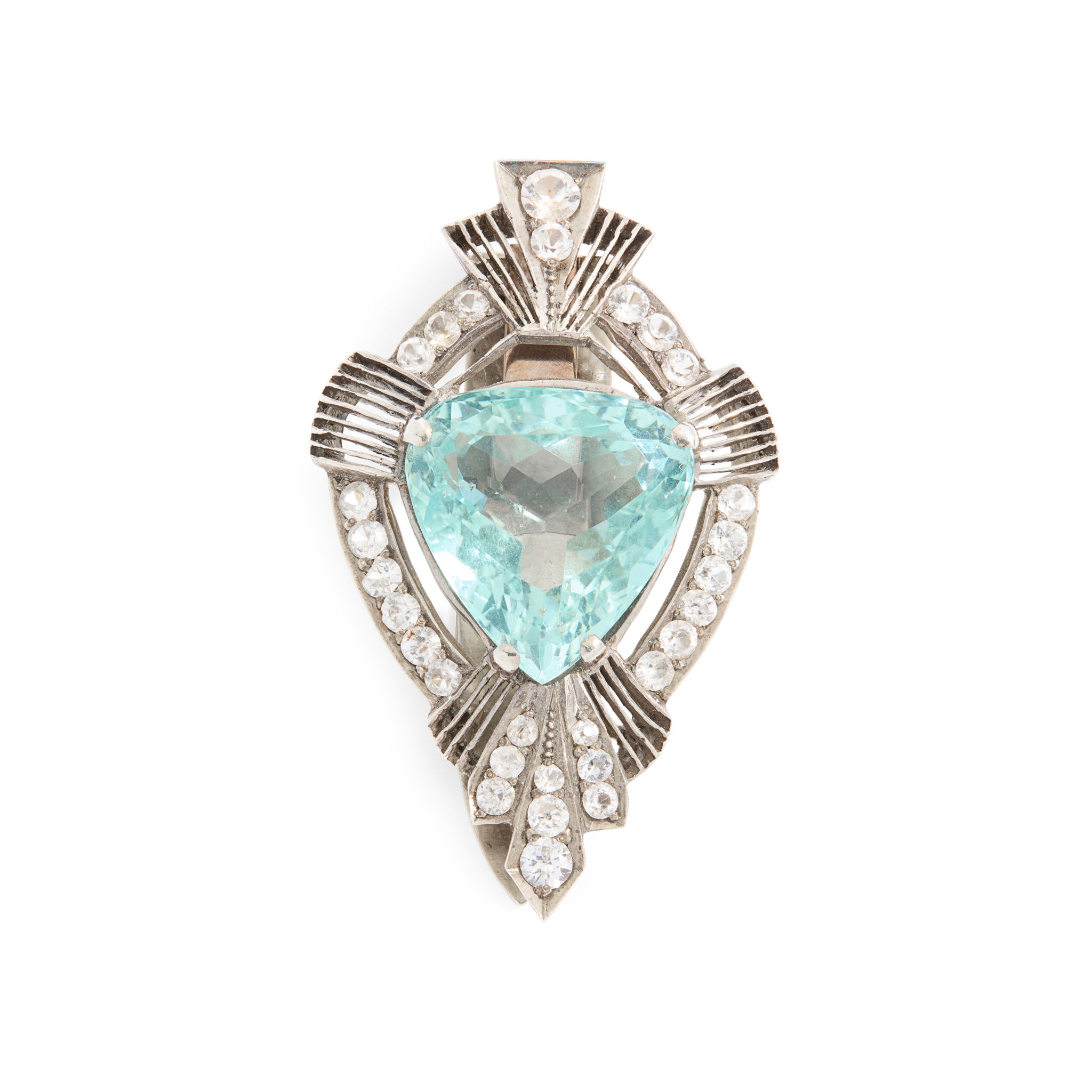 A 1940s aquamarine and white-gem clip brooch