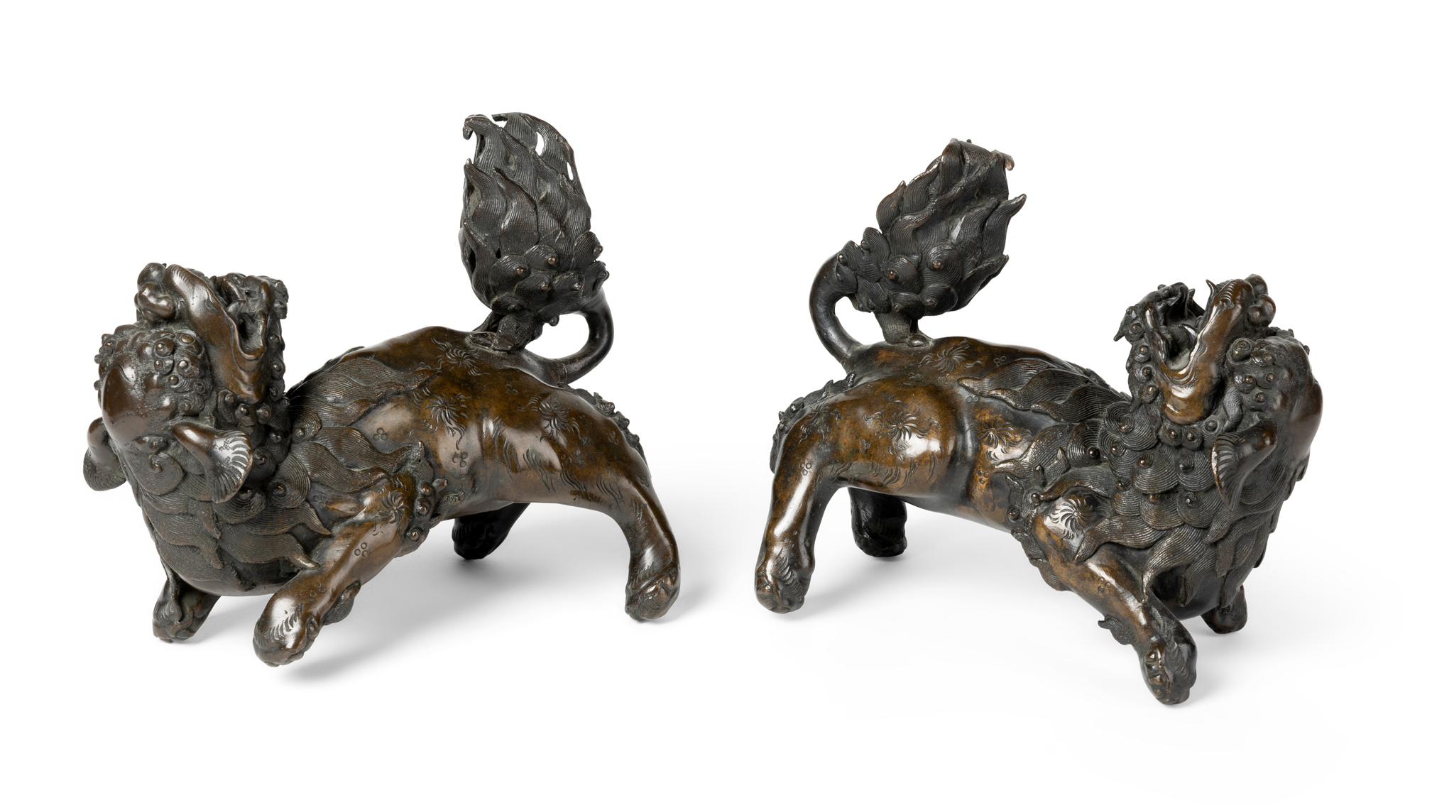 PAIR OF CHINESE BRONZE BUDDHIST LION-DOGS
