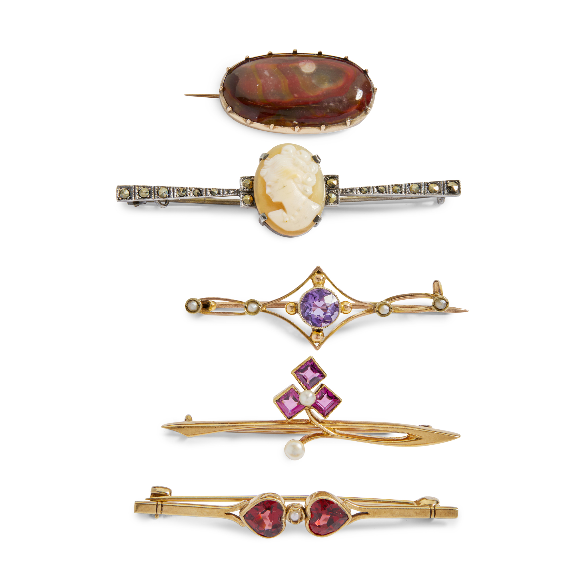 A collection of gem-set brooches