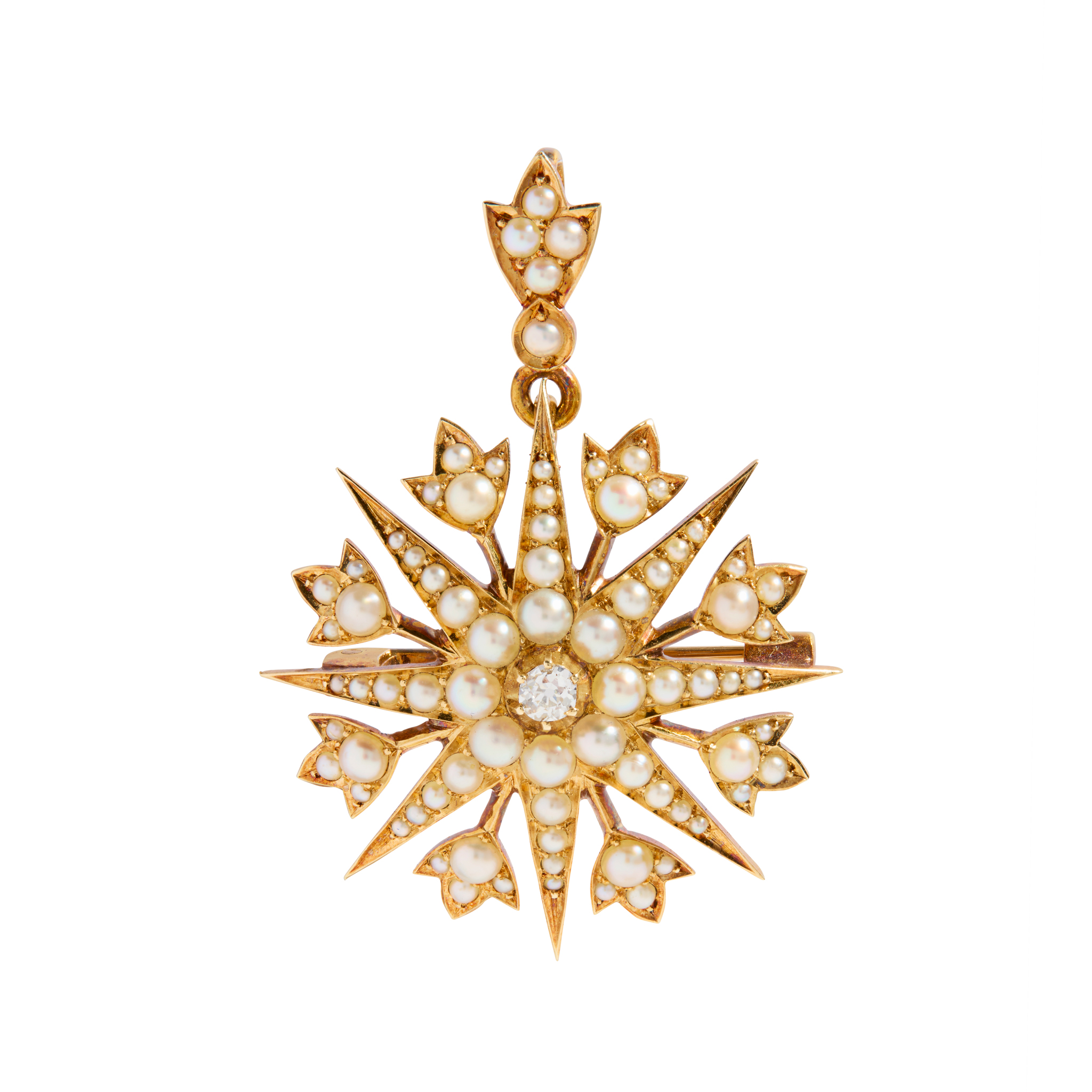 An early 20th century pearl and diamond star pendant/brooch