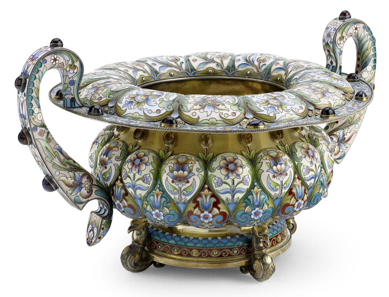 A Russian large silver-gilt and cloisonné enamel bowl