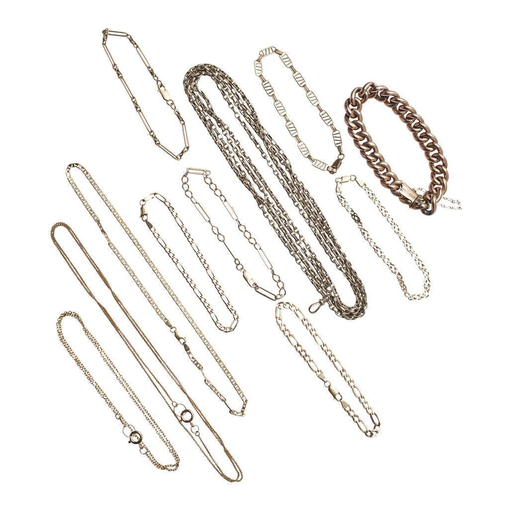 A collection of neck chains and bracelets