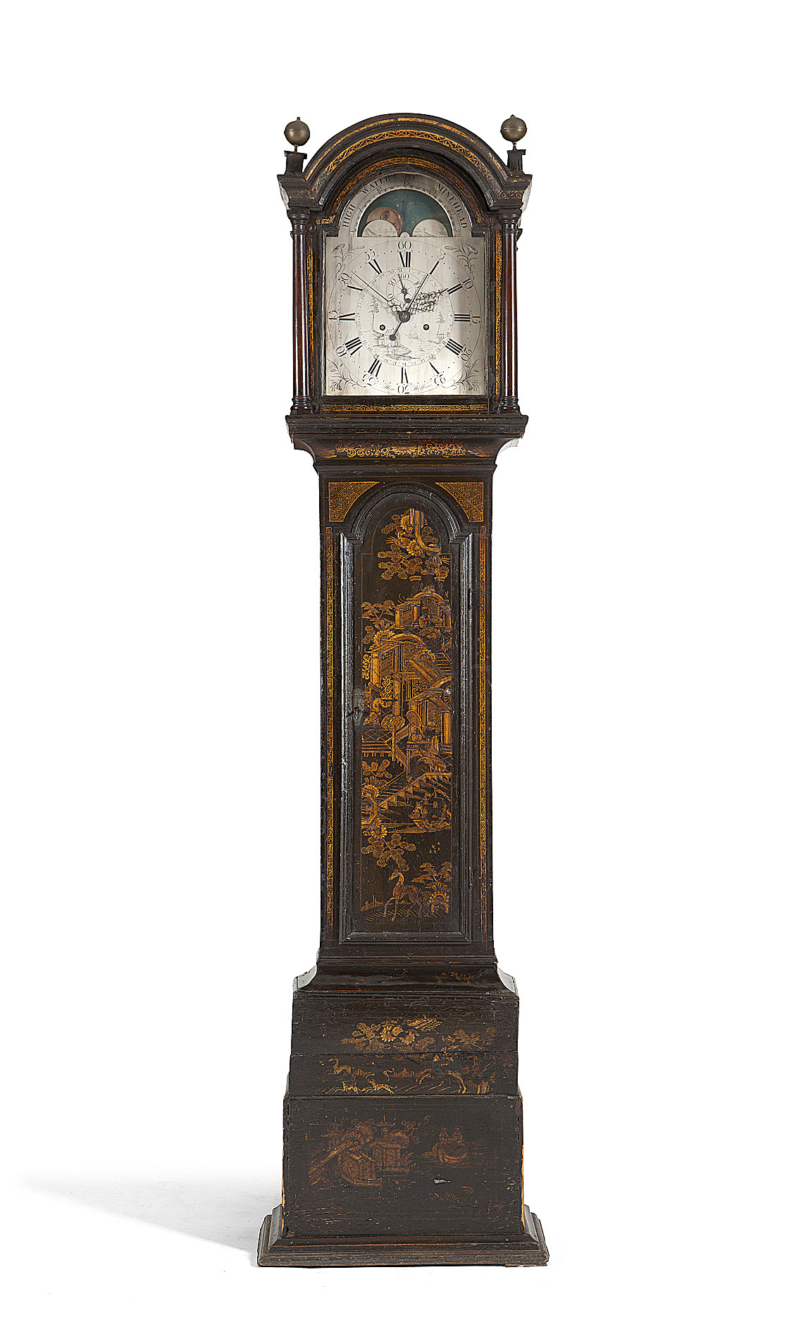 GEORGE II BLACK AND GILT LACQUER LONGCASE CLOCK