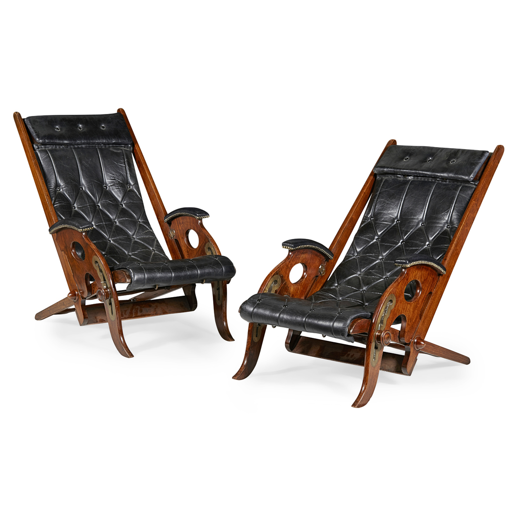 PAIR OF VICTORIAN MAHOGANY AND LEATHER DECKCHAIRS, FROM THE HHS GLASGOW, ROYAL YACHT TO THE SULTAN OF ZANZIBAR