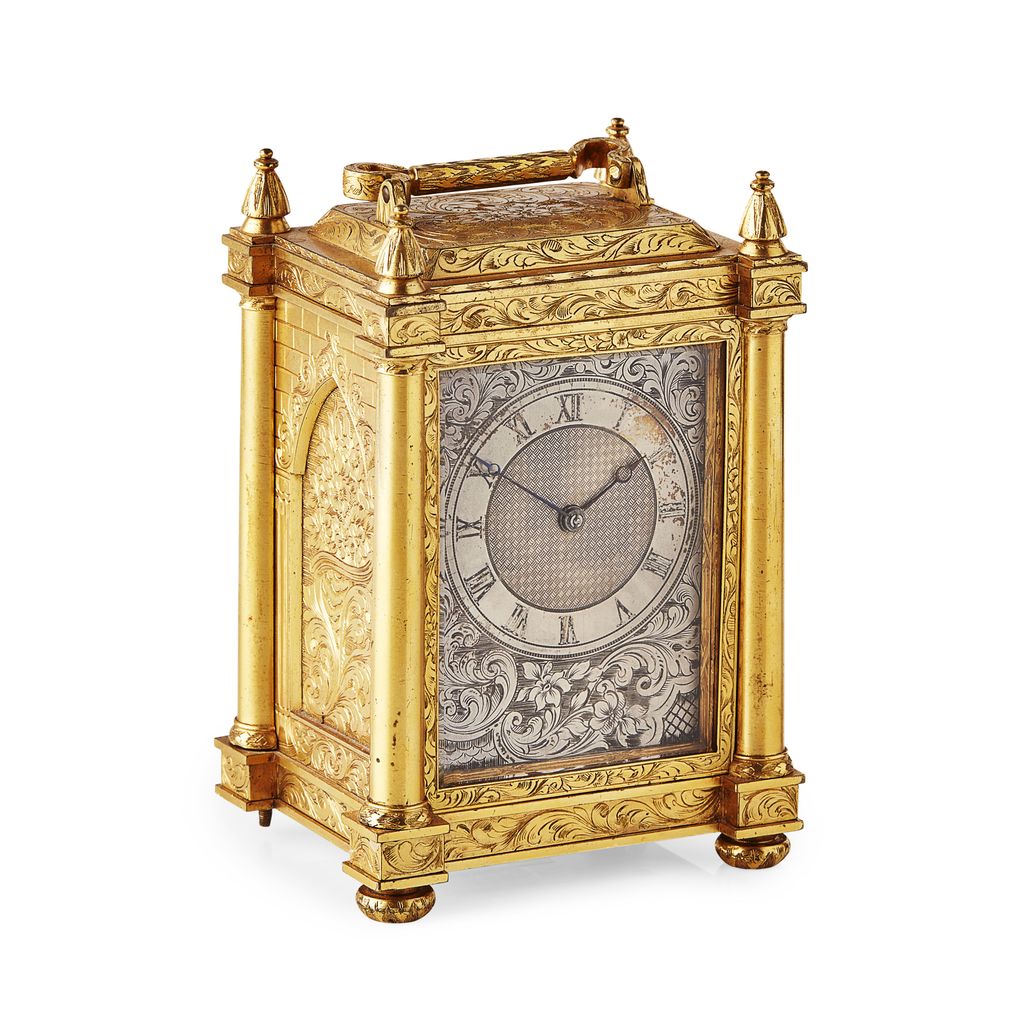 ENGRAVED GILT BRASS CARRIAGE CLOCK