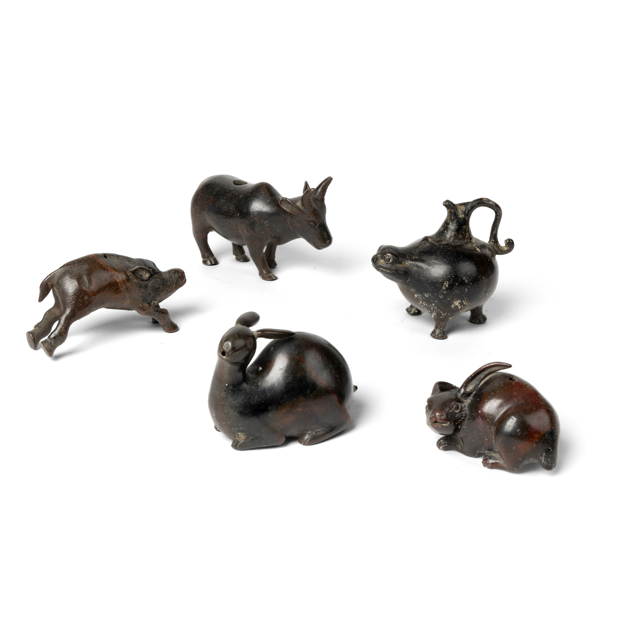 GROUP OF FIVE JAPANESE BRONZE 'ANIMAL' WATER DROPPERS, SUITEKI