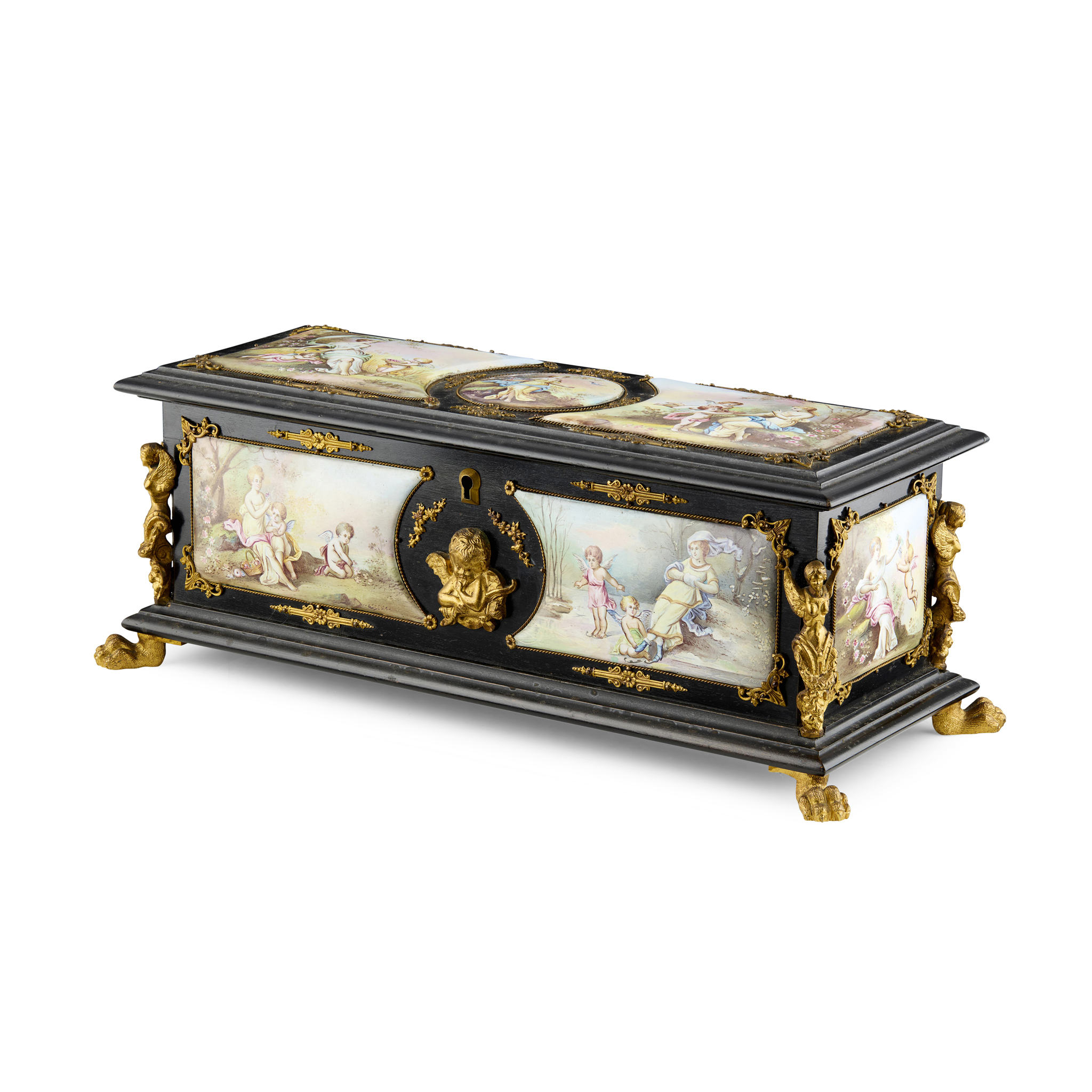 VICTORIAN EBONISED AND GILT METAL MOUNTED BOX WITH PORCELAIN PANELS