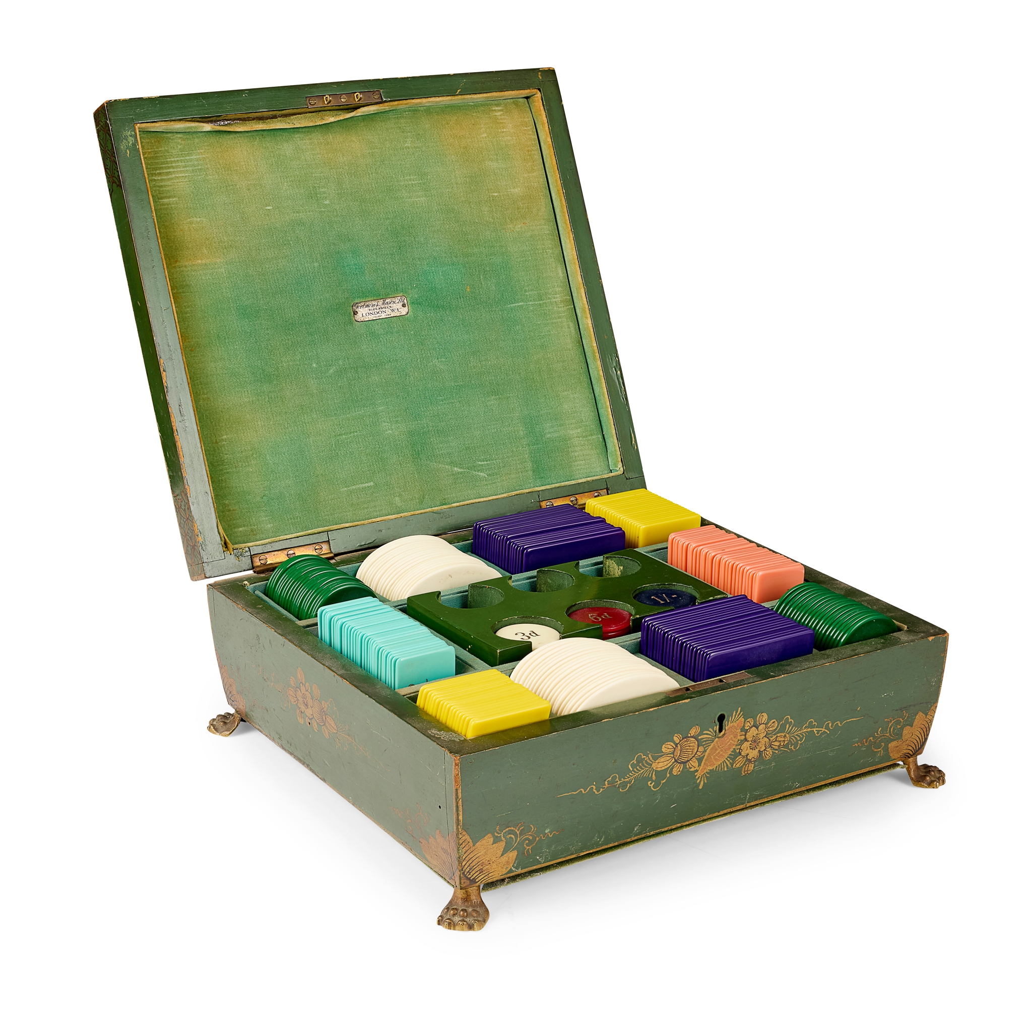GREEN JAPANNED GAMBLING CADDY, RETAILED BY FORTNUM & MASON