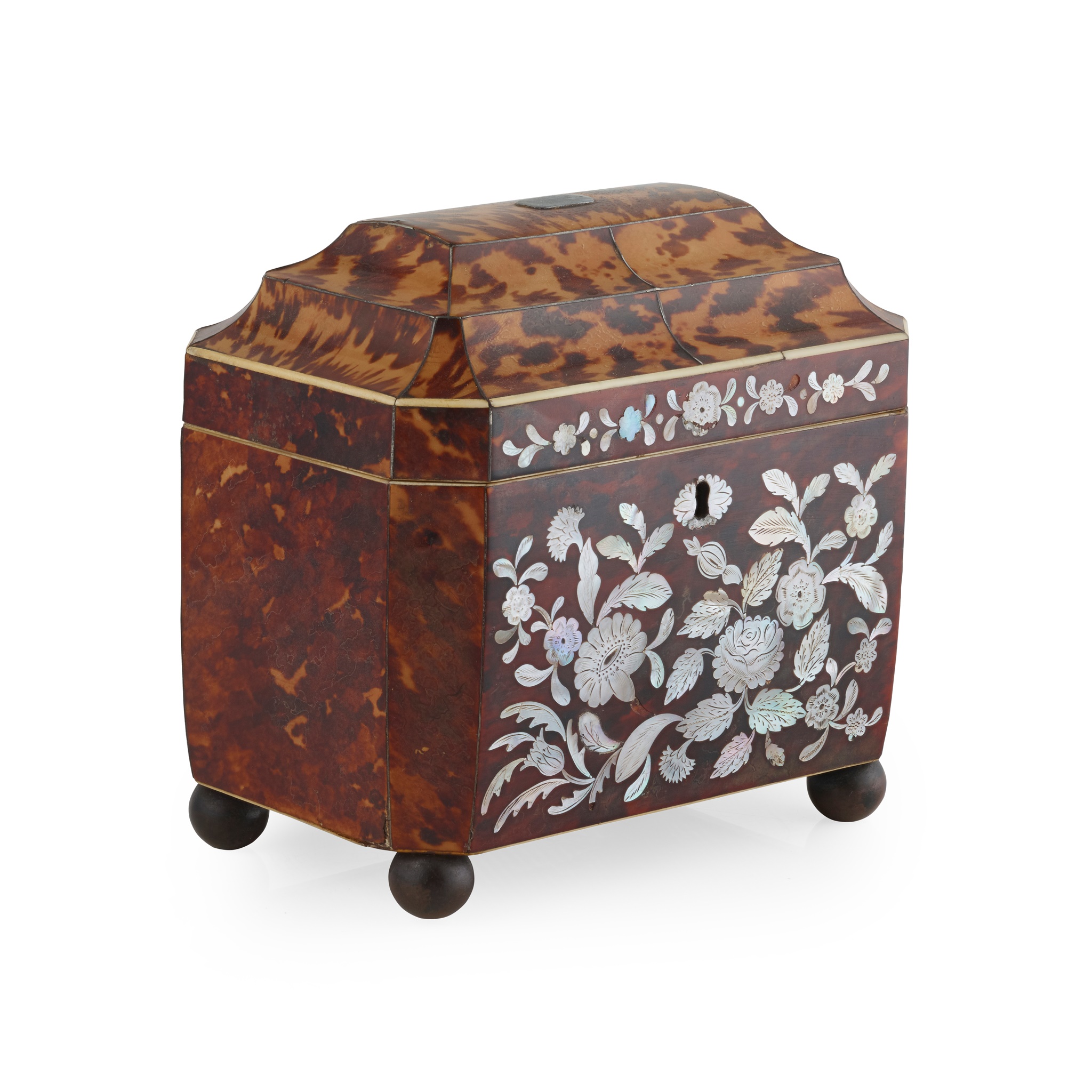 REGENCY TORTOISESHELL AND MOTHER-OF PEARL TEA CADDY