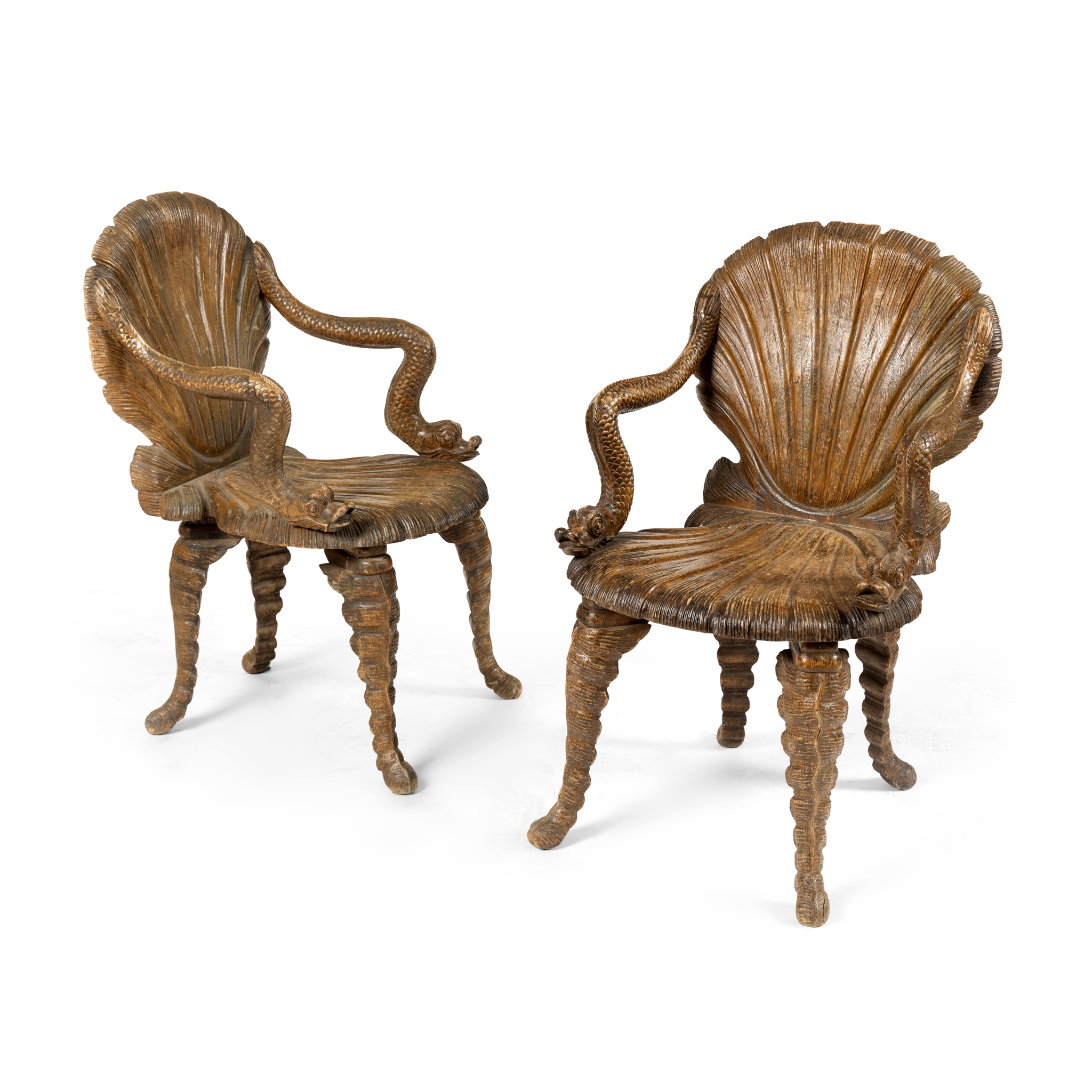 A PAIR OF SHELL BACK GROTTO CHAIRS