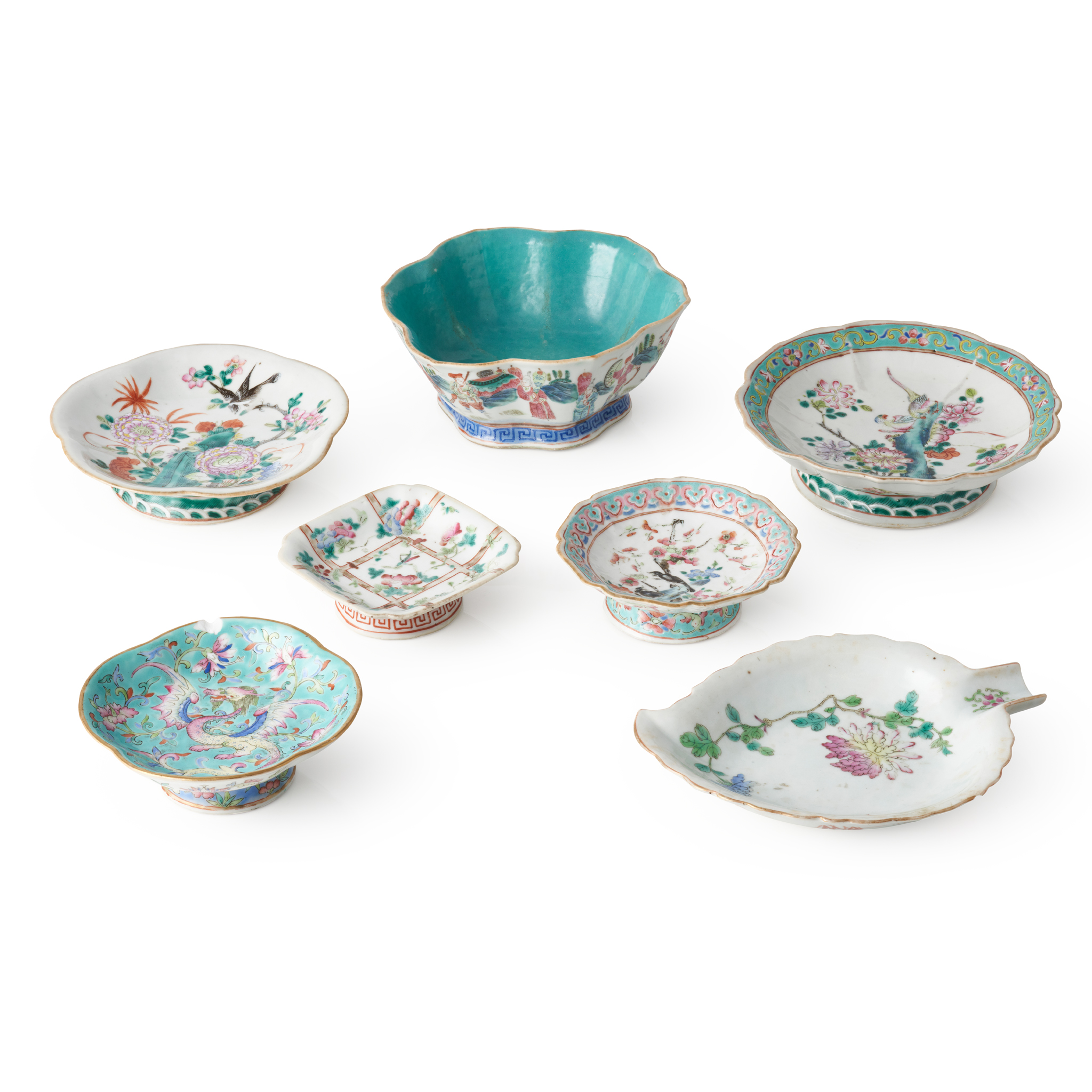 GROUP OF SEVEN FAMILLE ROSE DISHES AND BOWL