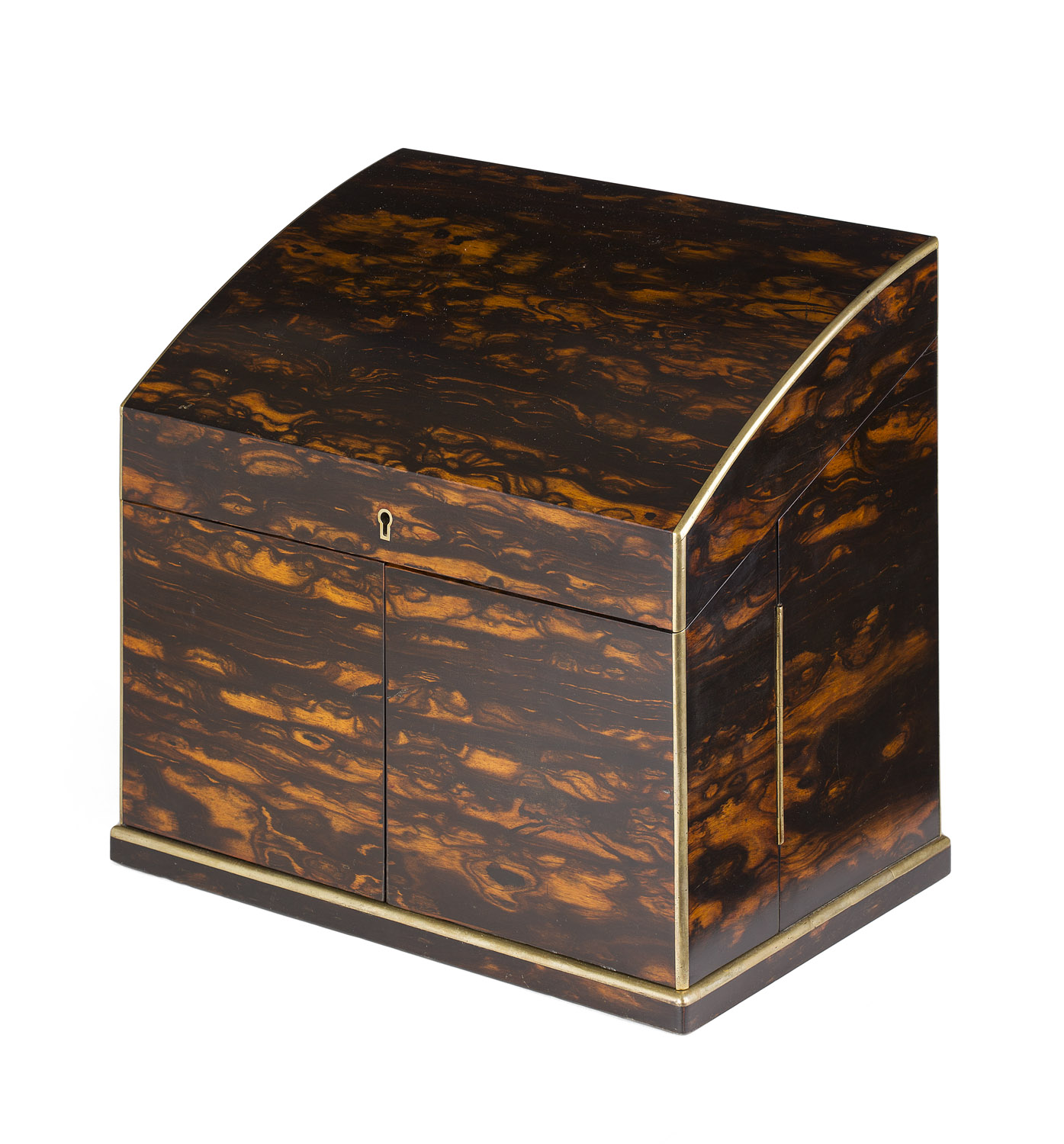 VICTORIAN COROMANDEL AND BRASS BOUND DECANTER BOX BY JENNER & KNEWSTUB, LONDON