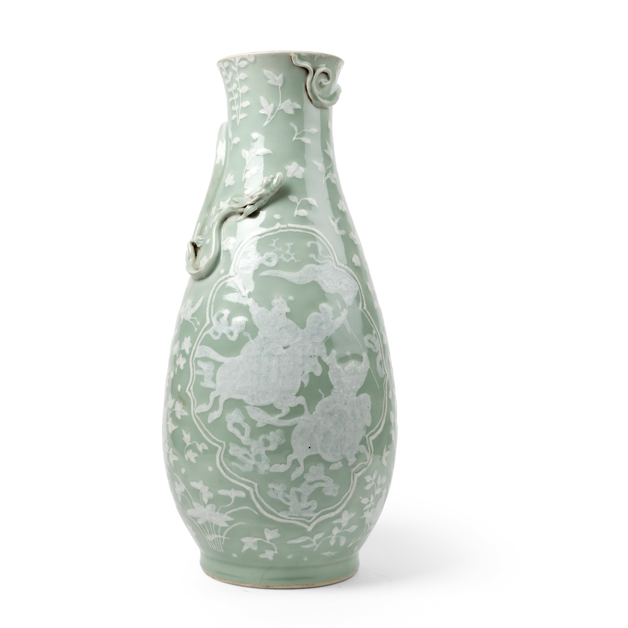LARGE CELADON-GLAZED WHITE-SLIP DECORATED 'CAVALRY' VASE