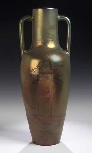 A Delphin Massier twin handled lustre vase