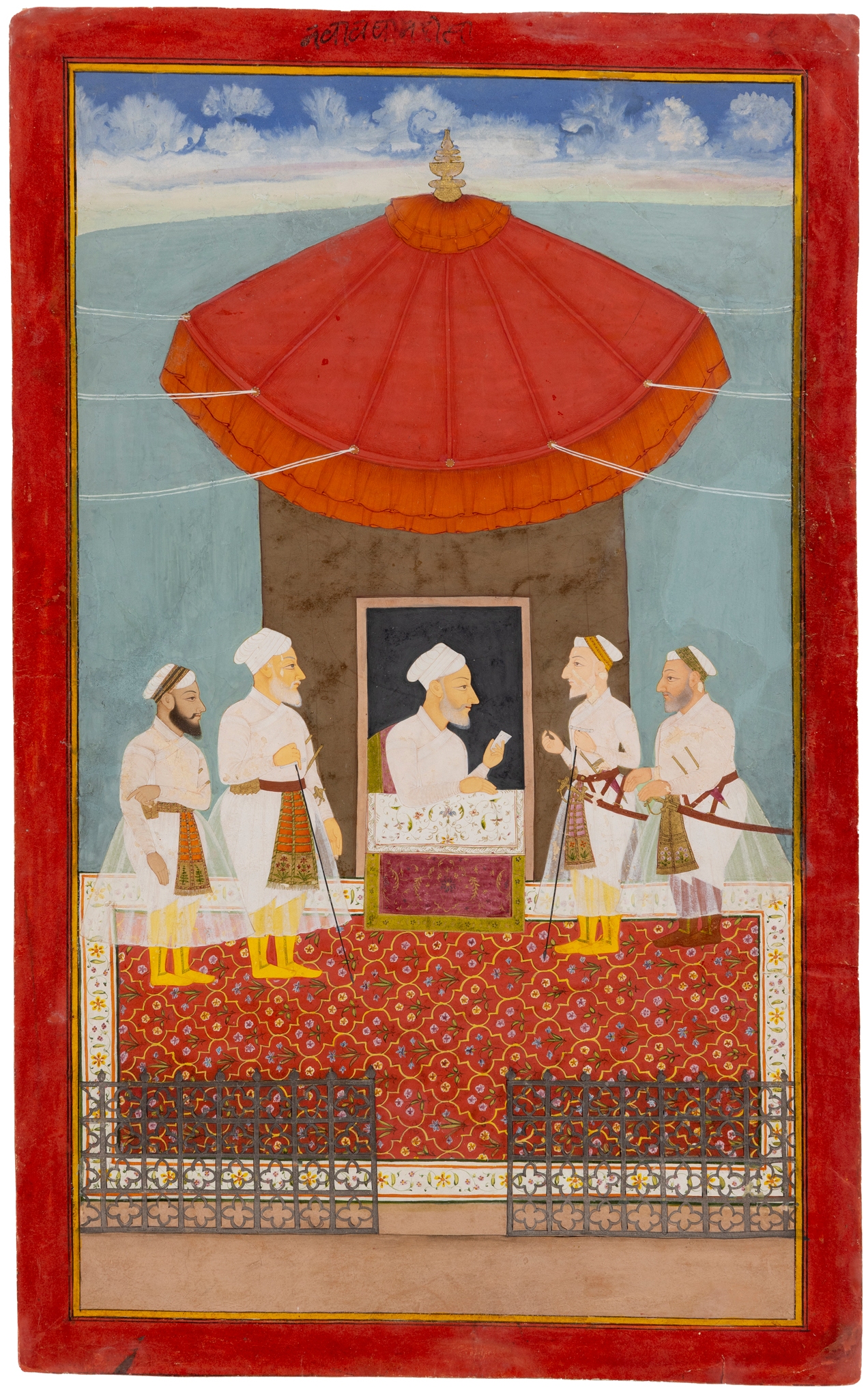 NAWAB KHAN DAURAN SEATED AT A WINDOW WITH FOUR OFFICIERS STANDING