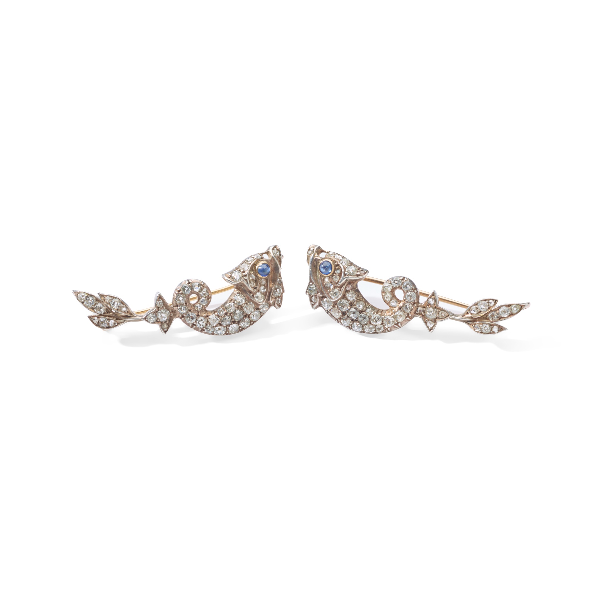 A pair of late 19th century diamond and sapphire brooches, circa 1890