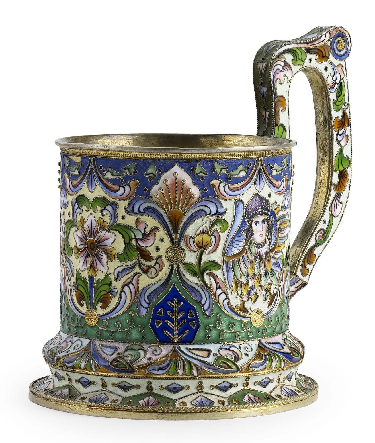 A Russian silver-gilt and shaded cloisonné enamel tea-glass holder