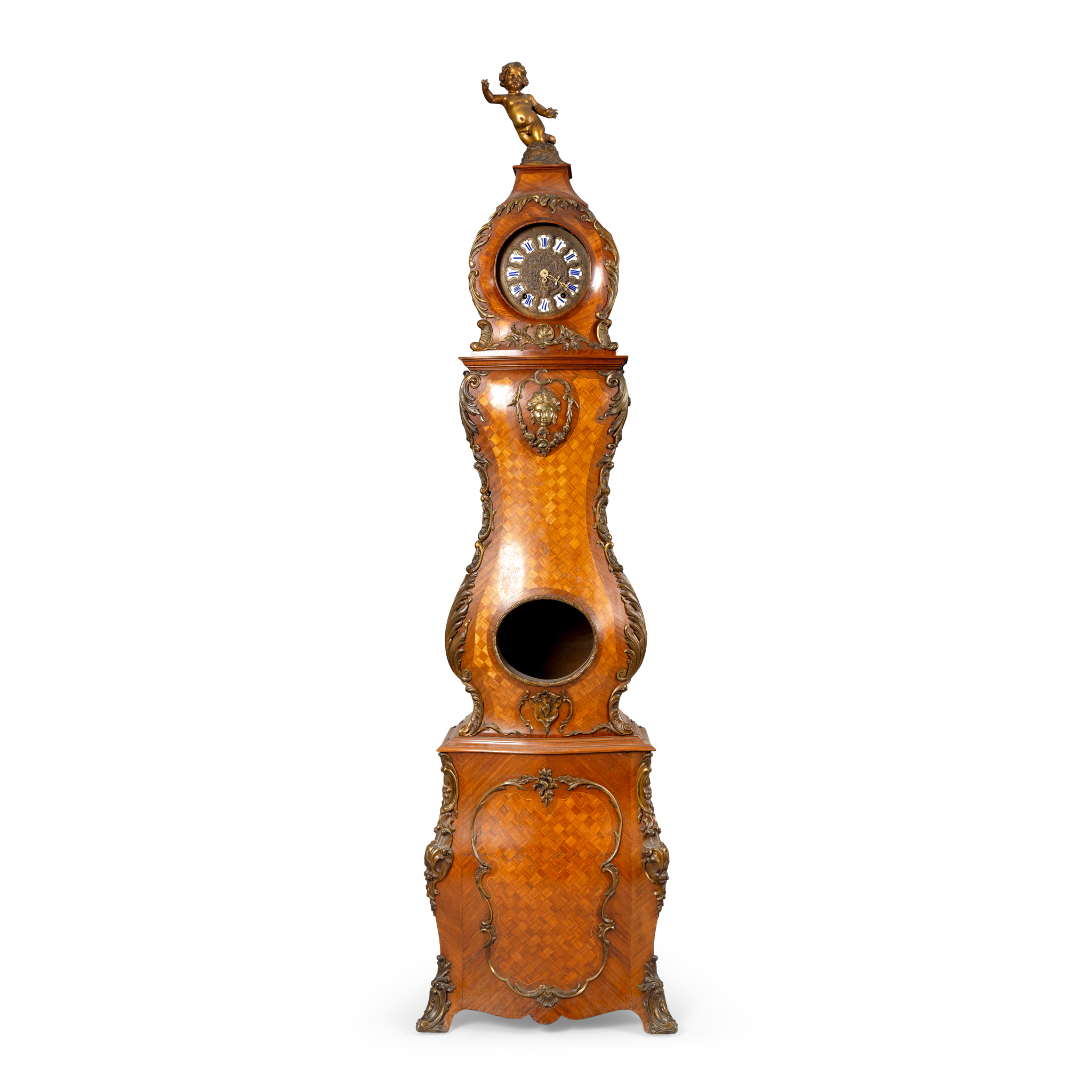 A FRENCH MAHOGANY, KINGWOOD AND PARQUETRY LONGCASE CLOCK