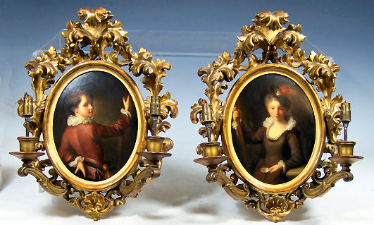 A pair of Florentine style painted two branch wall appliques