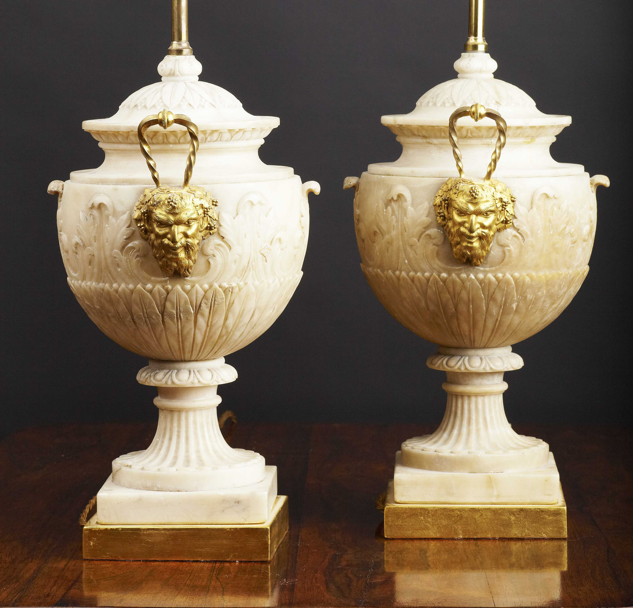 PAIR OF LOUIS XV STYLE ALABASTER AND GILT BRONZE MOUNTED URNS