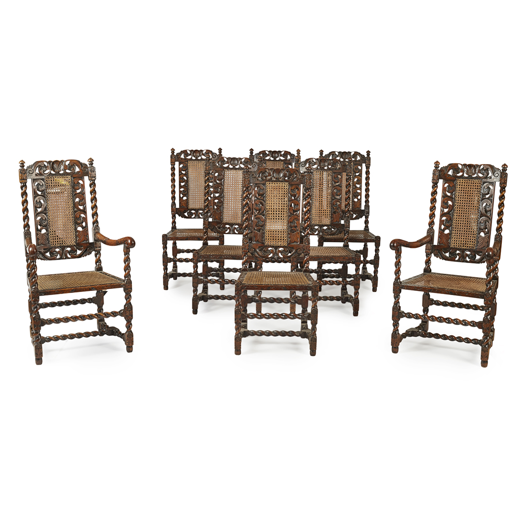 SET OF EIGHT JACOBEAN STYLE WALNUT DINING CHAIRS