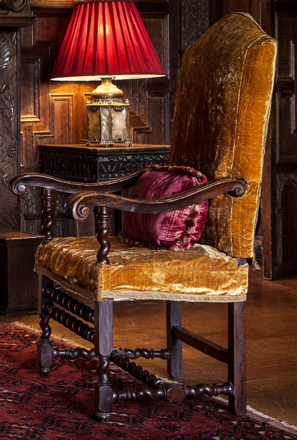 CHARLIES II WALNUT AND UPHOLSTERED ARMCHAIR