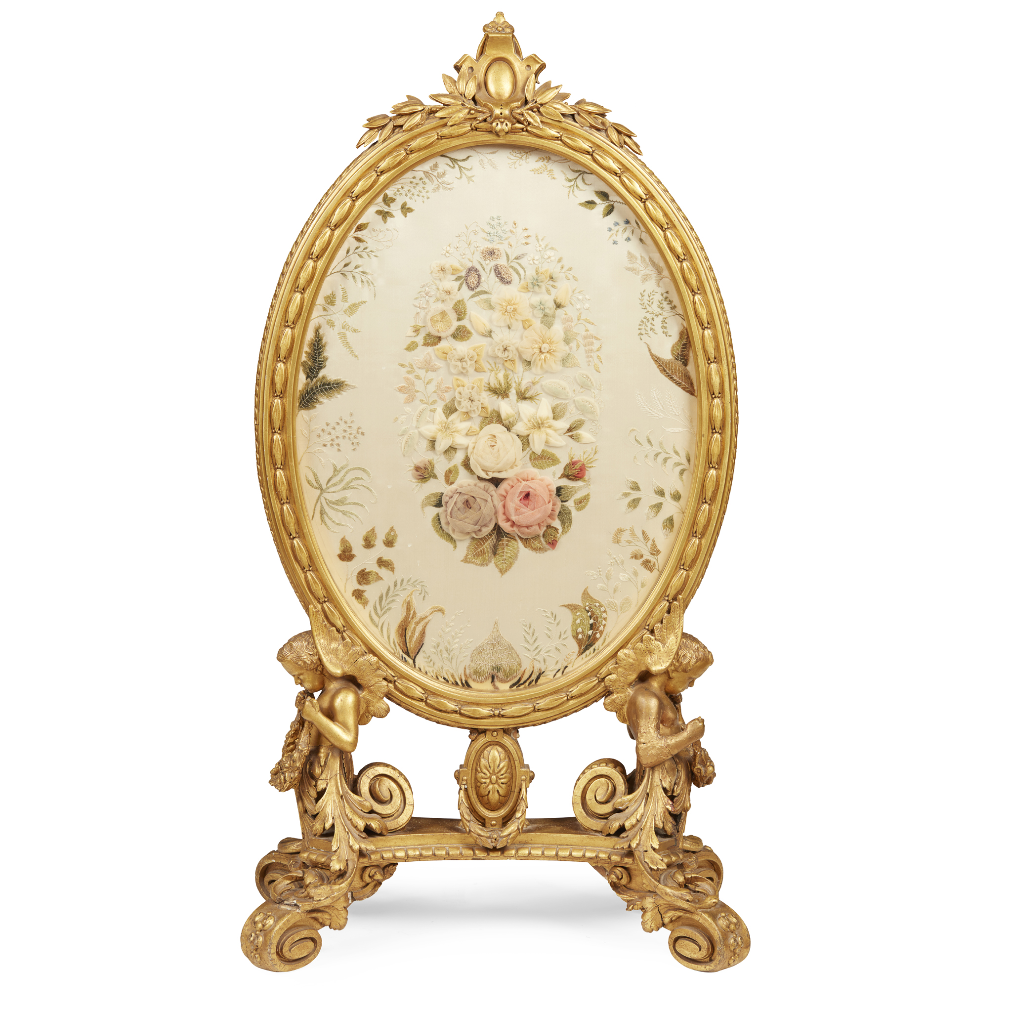 EARLY VICTORIAN GILTWOOD AND NEEDLEWORK FIRE SCREEN