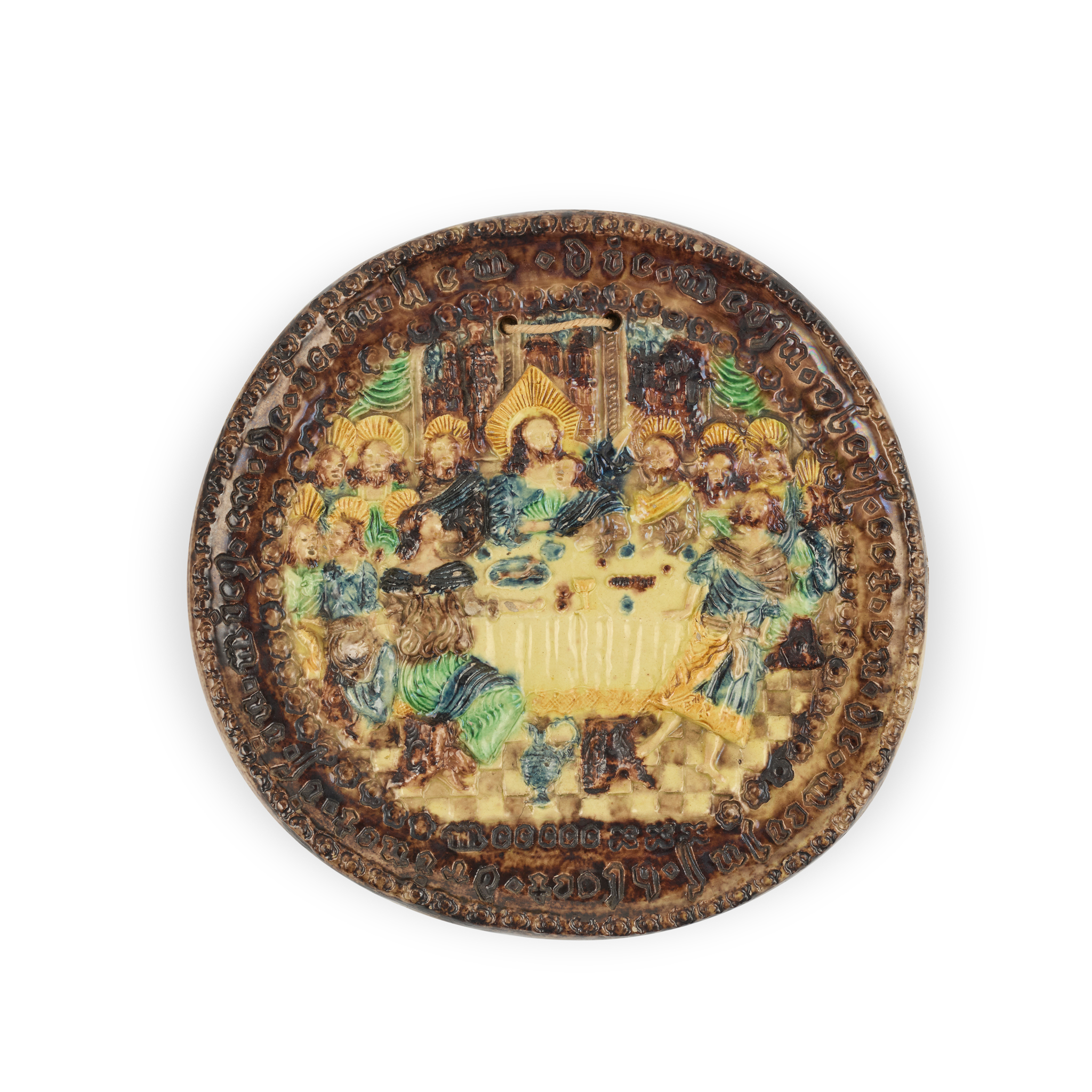 CONTINENTAL LEAD GLAZED EARTHENWARE PLAQUE DEPICTING 'THE LAST SUPPER', POSSIBLY GERMAN OR NETHERLANDISH
