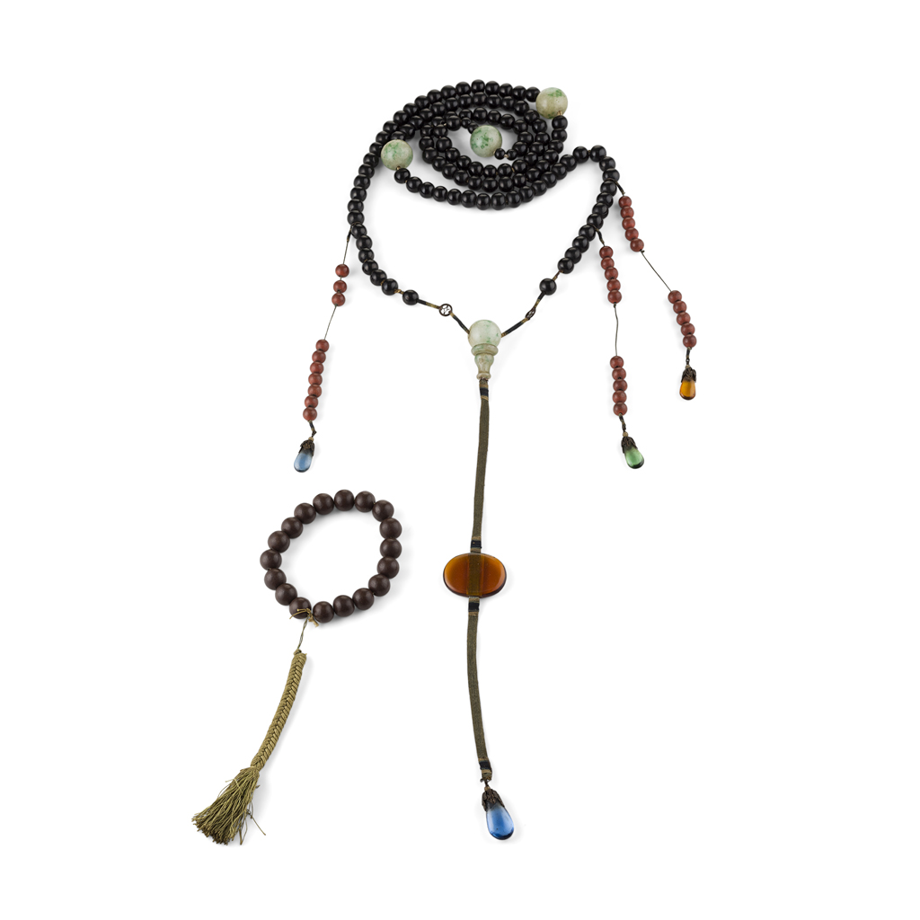 ONYX, AMBER, JADEITE, WOOD AND GLASS MANDARIN COURT NECKLACE