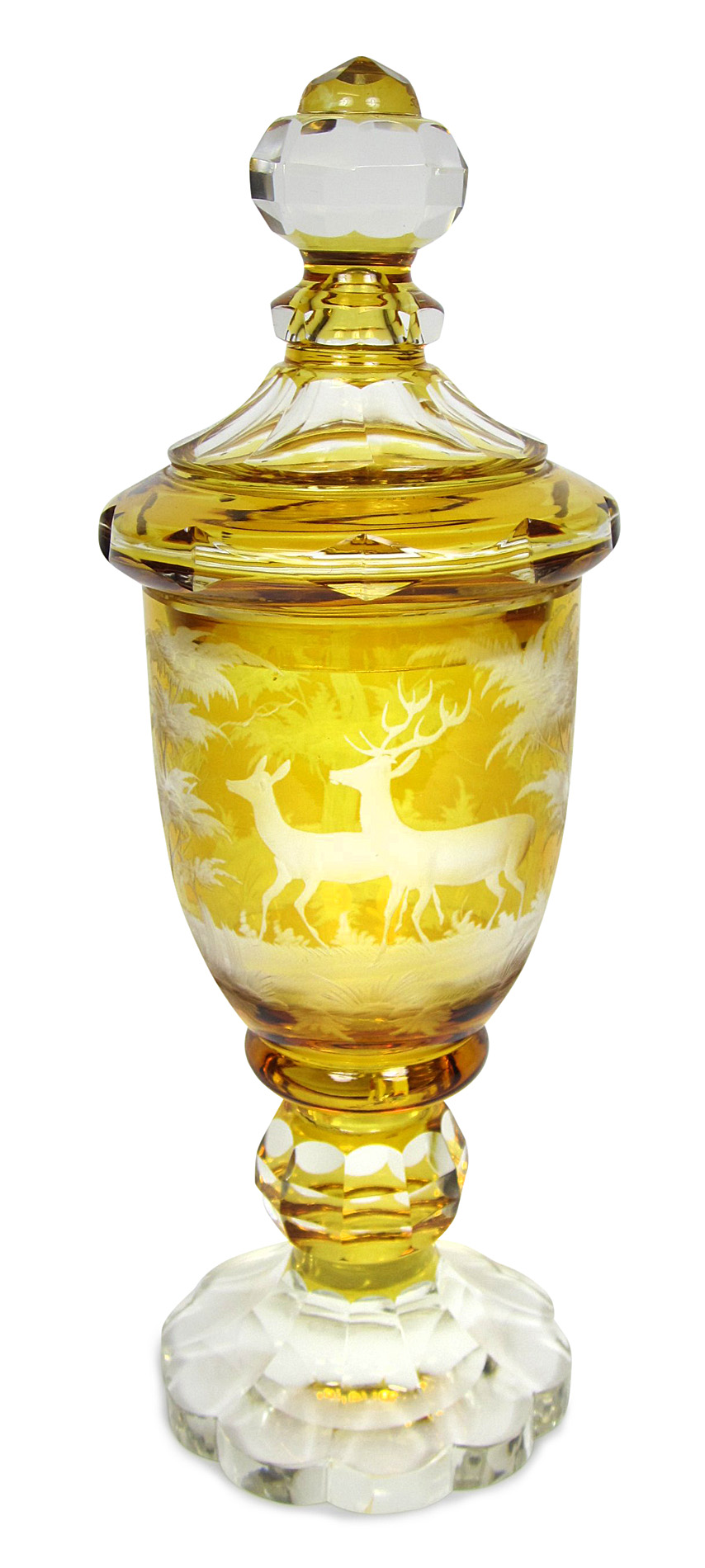 NEAR PAIR OF BOHEMIAN AMBER GLASS GOBLETS AND COVERS