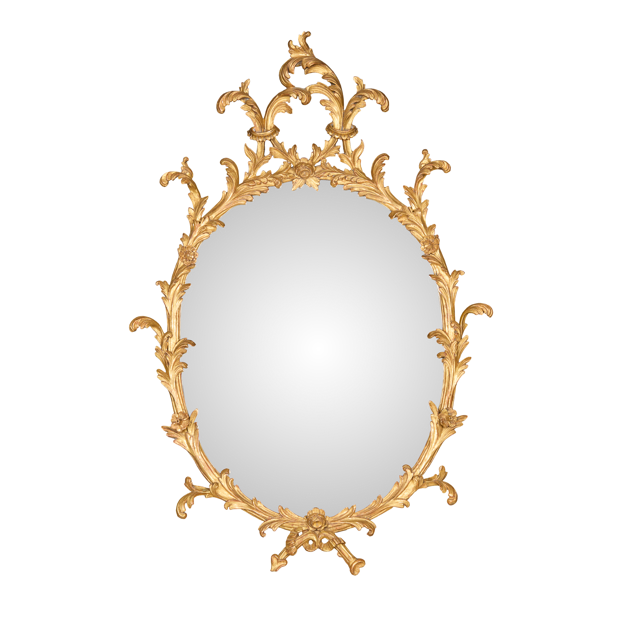 GEORGE III STYLE CARVED GILTWOOD OVAL MIRROR, IN THE MANNER OF WILLIAM AND JOHN LINNELL