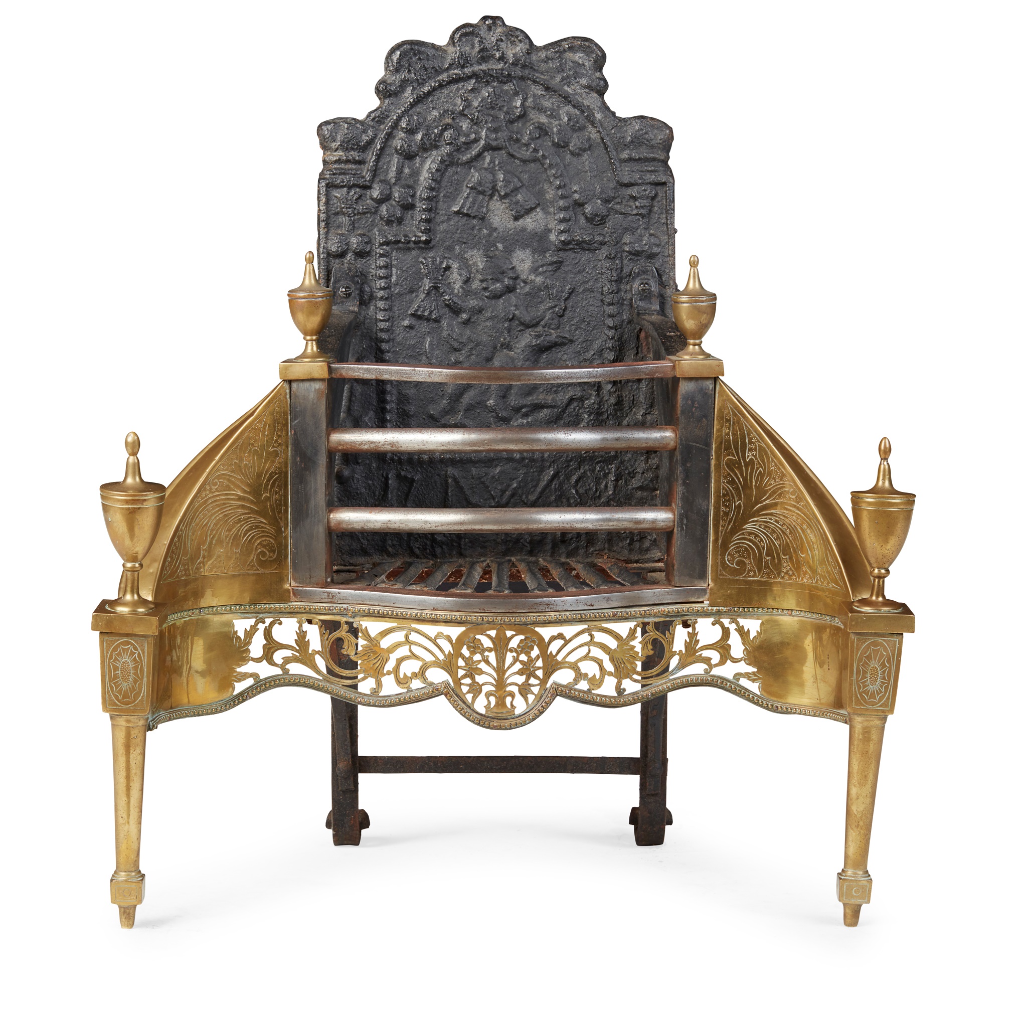GEORGE III STEEL, BRASS AND CAST IRON FIRE BASKET