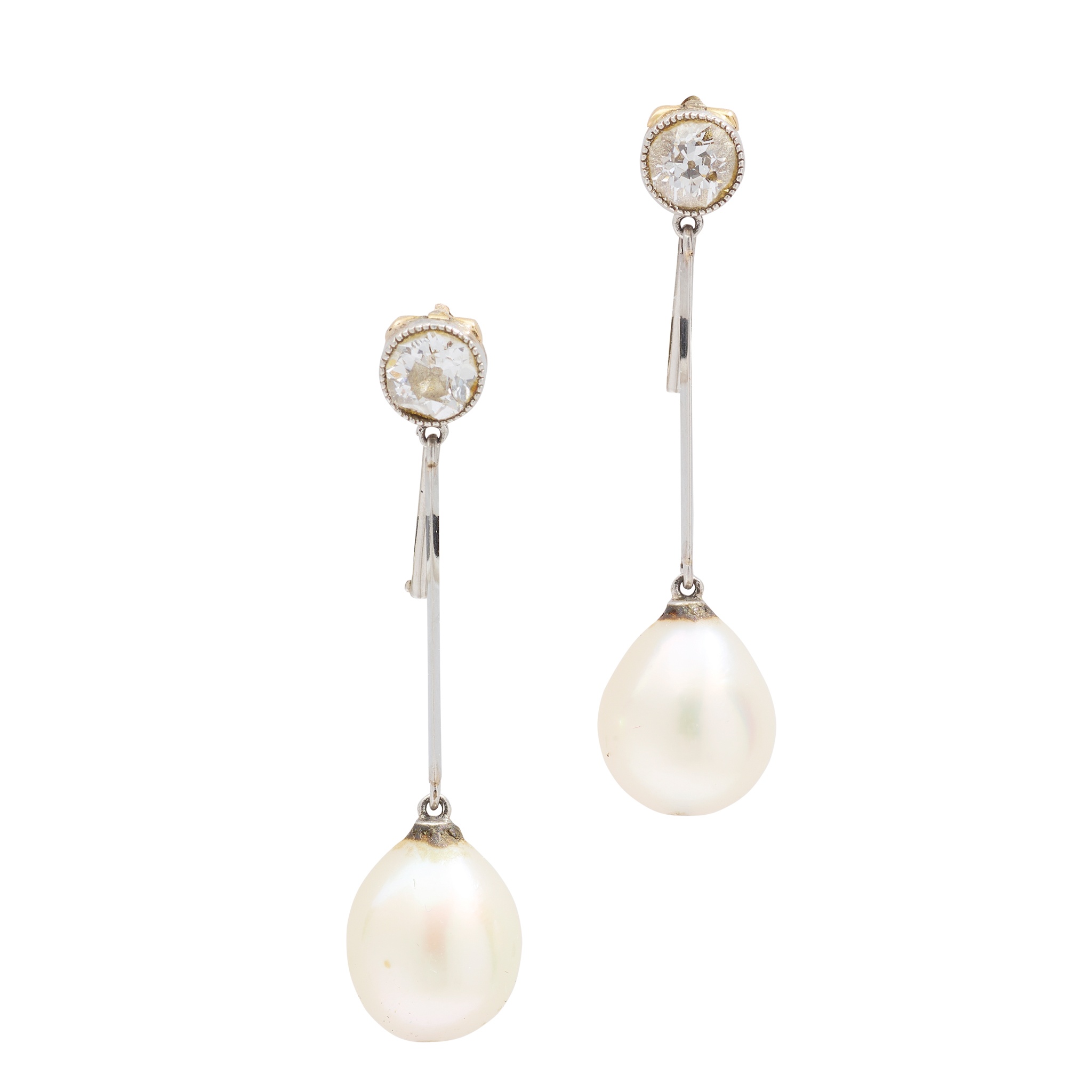 A pair of early 20th century natural pearl and diamond pendent earrings
