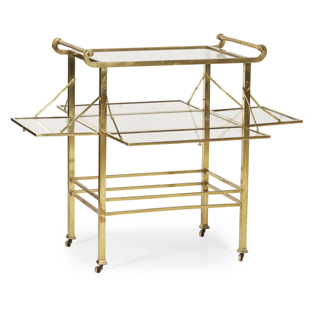 EDWARDIAN BRASS AND GLASS DRINKS TROLLEY