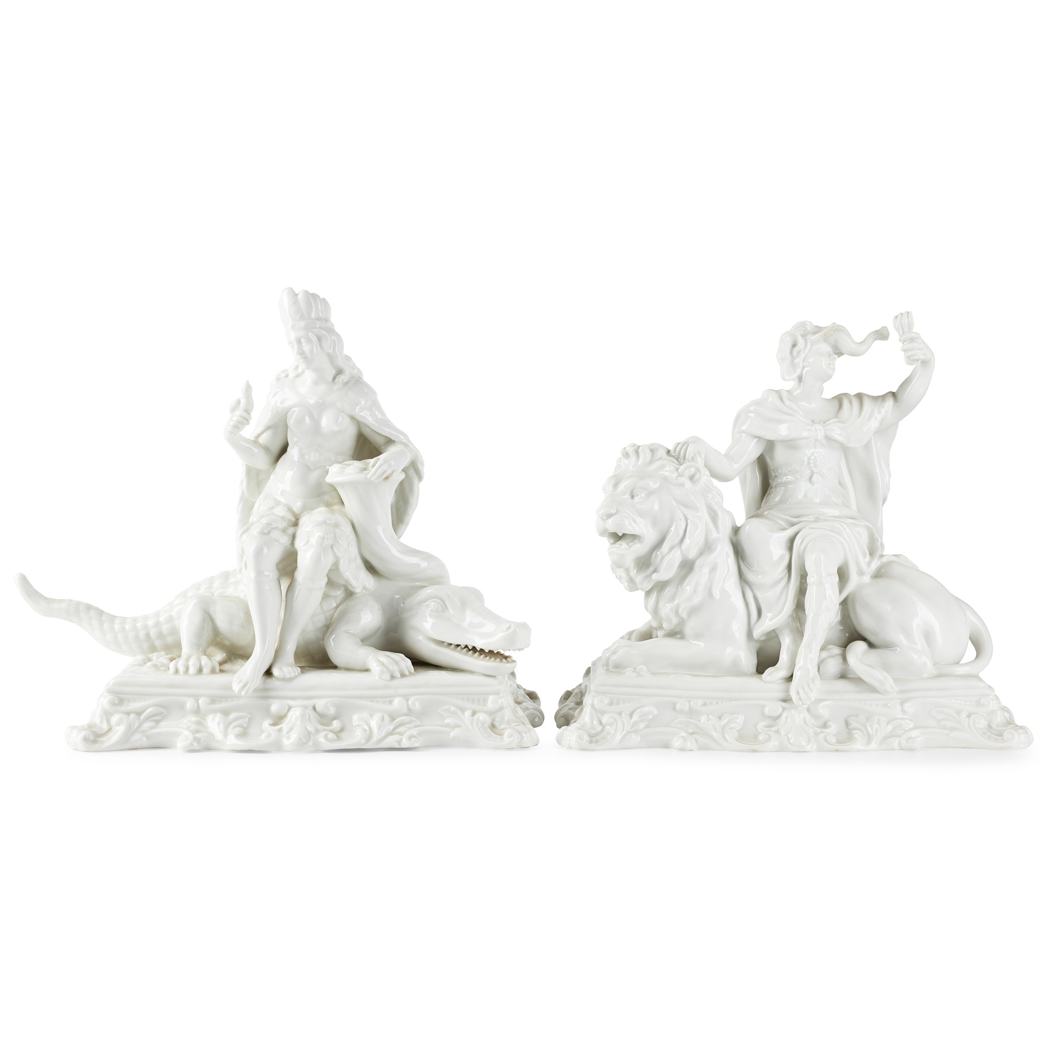 PAIR OF CONTINENTAL BLANC-DE-CHINE PORCELAIN FIGURES EMBLEMATIC OF THE CONTINENTS