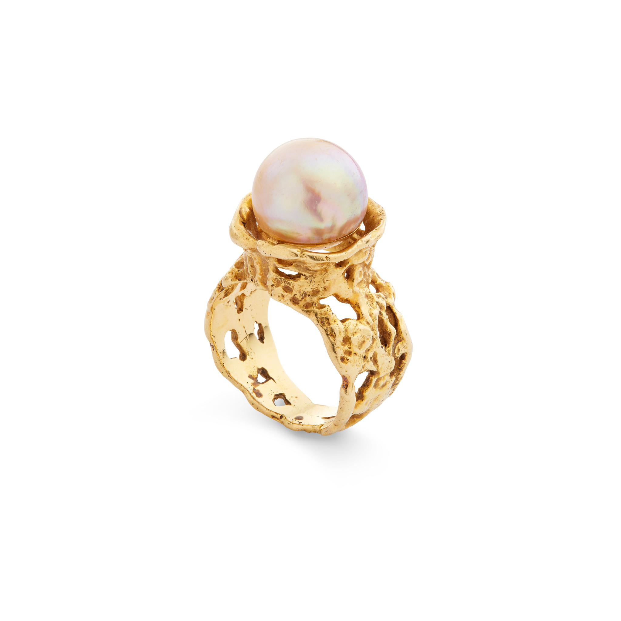 John Donald: A gold and cultured pearl 'Drum' ring, 1969
