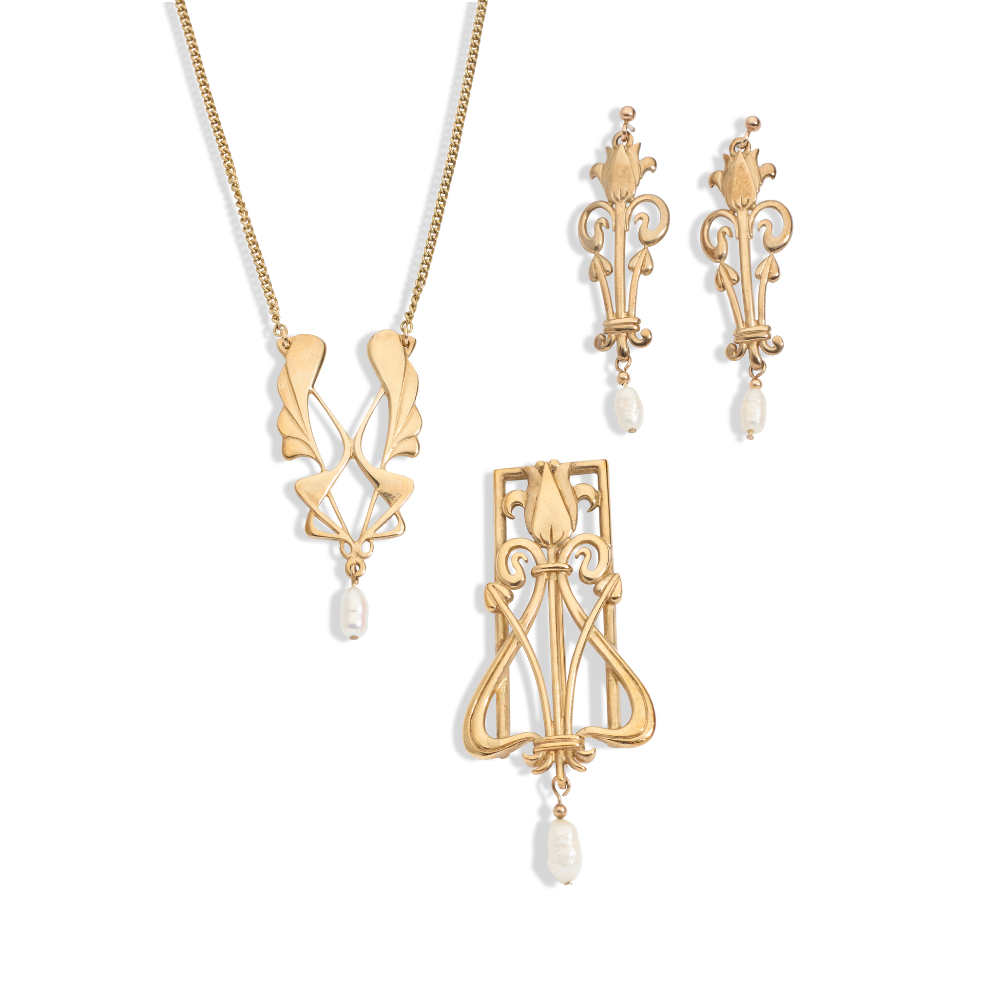 A matched suite of 9ct gold Mackintosh style jewellery