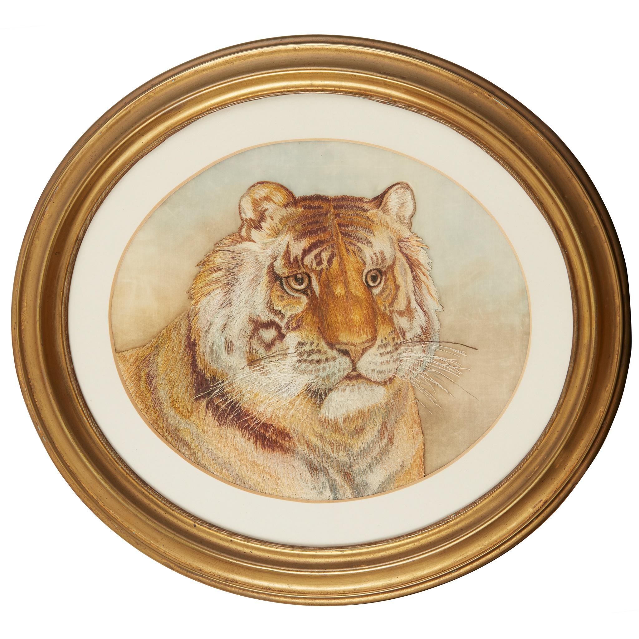 SILK EMBROIDERED PICTURE OF A TIGER'S HEAD