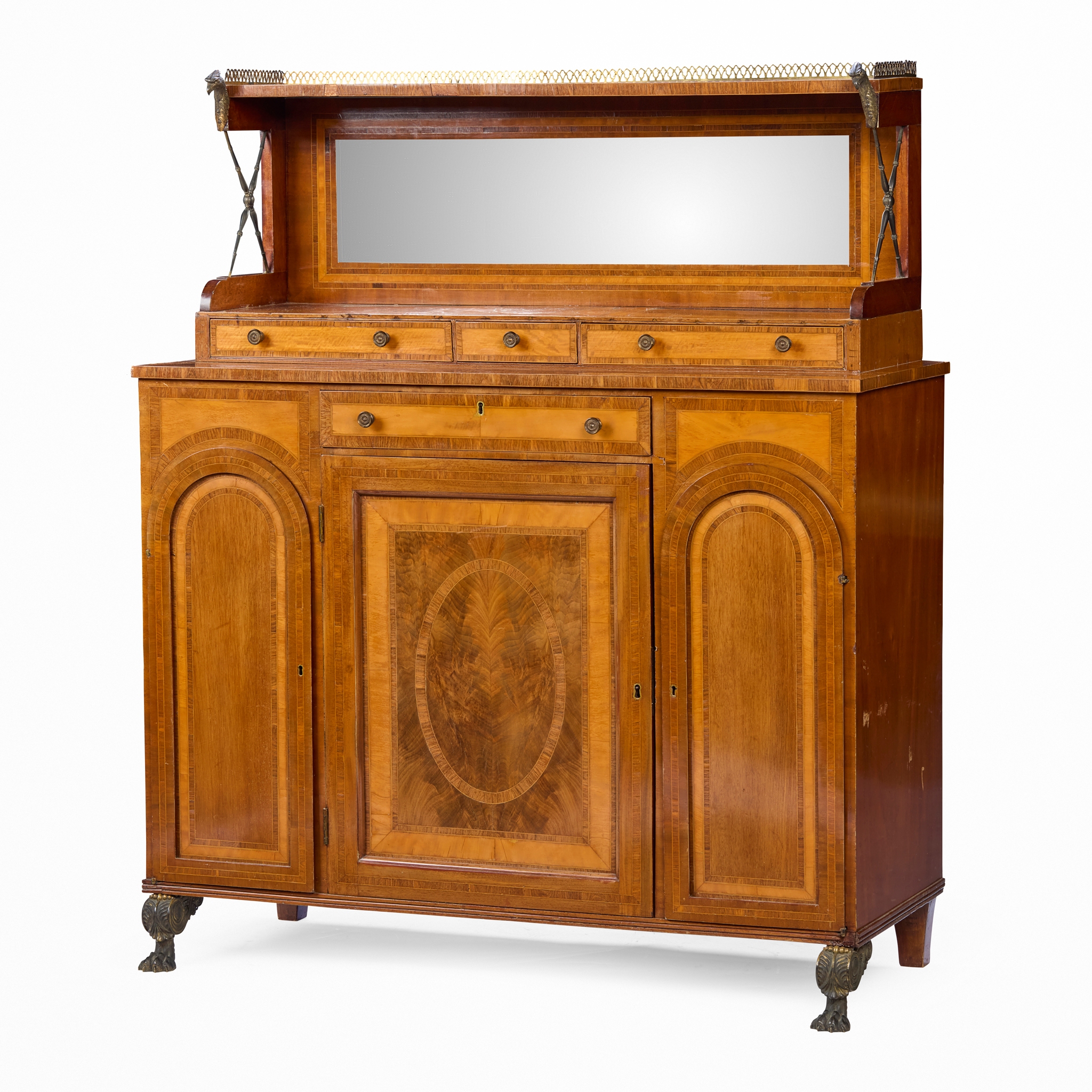 DANISH REGENCY STYLE MAHOGANY, TULIPWOOD, AND BURRWOOD CHIFFONIER